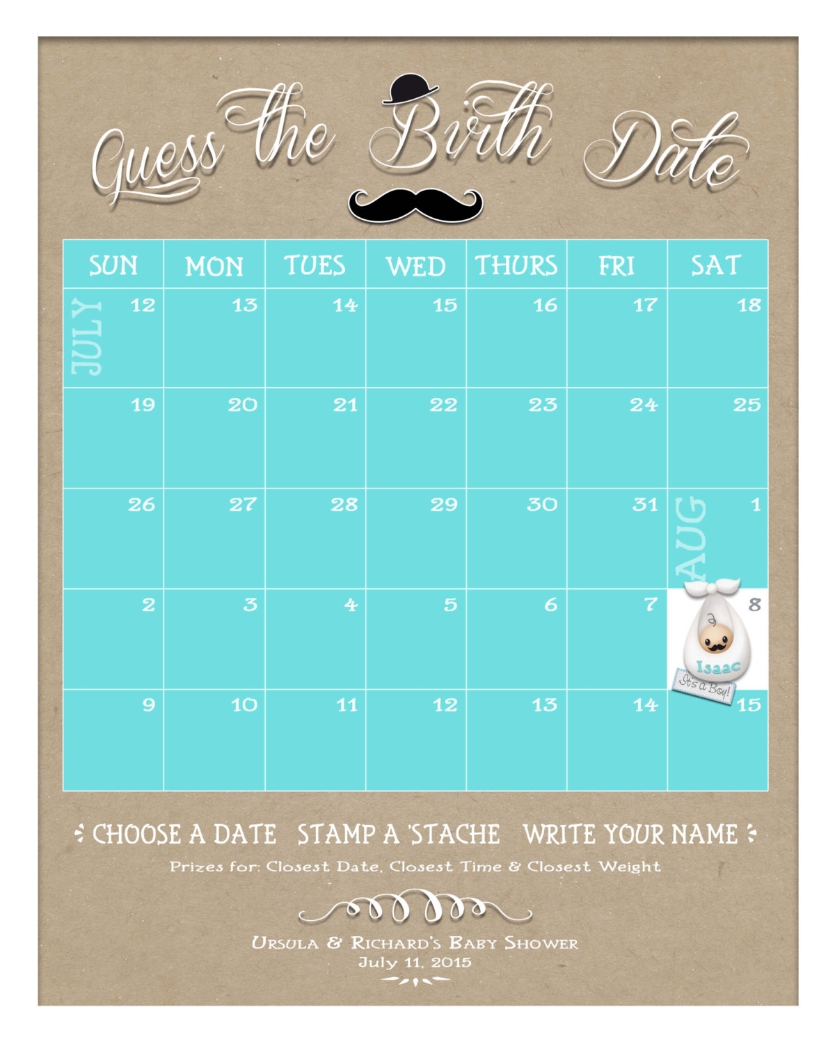 Guess The Birth Date Custom Baby Shower Game Board Keepsake