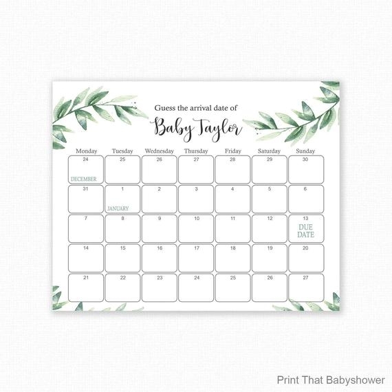 Guess The Due Date - Botanical Baby Shower Games - Baby Shower Birthday Prediction, Printable