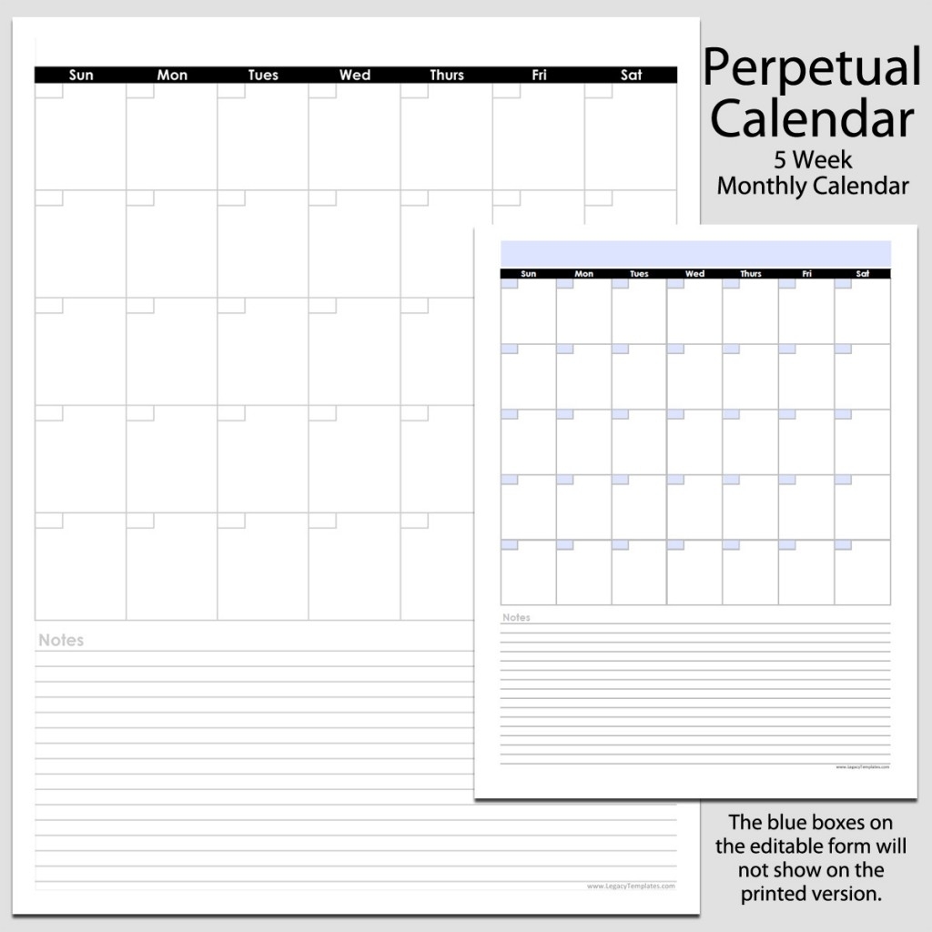 Monthly Perpetual Calendar With Notes In Portrait – 8 1/2″ X 11″ | Legacy Templates