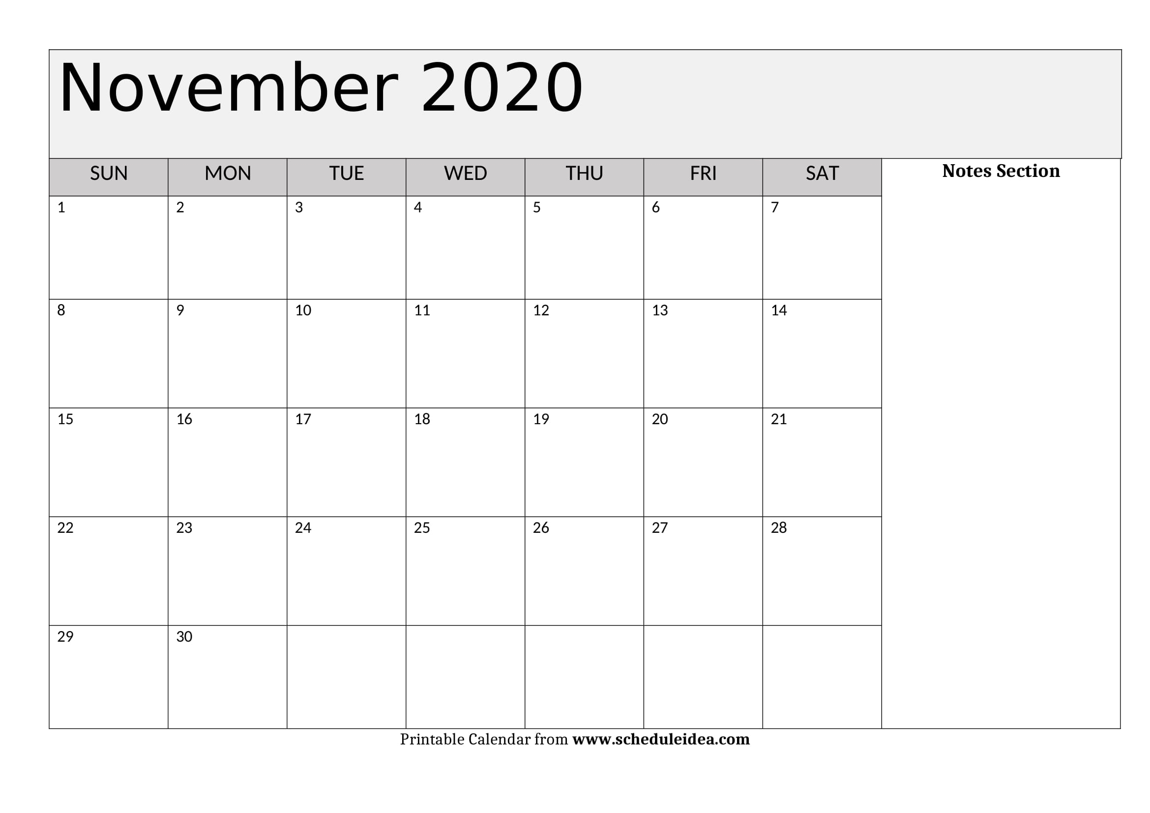 November 2020 Printable Calendar - Editable Templates (Pdf, Word)