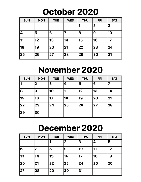 October, November And December 2020 Calendar – Calendar Options