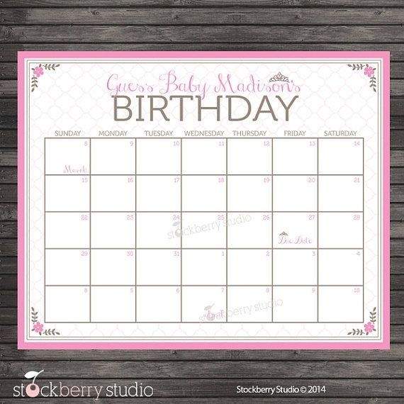 Princess Guess The Due Date Calendar Printable - Pink Birthday Prediction Calendar - Girl Baby