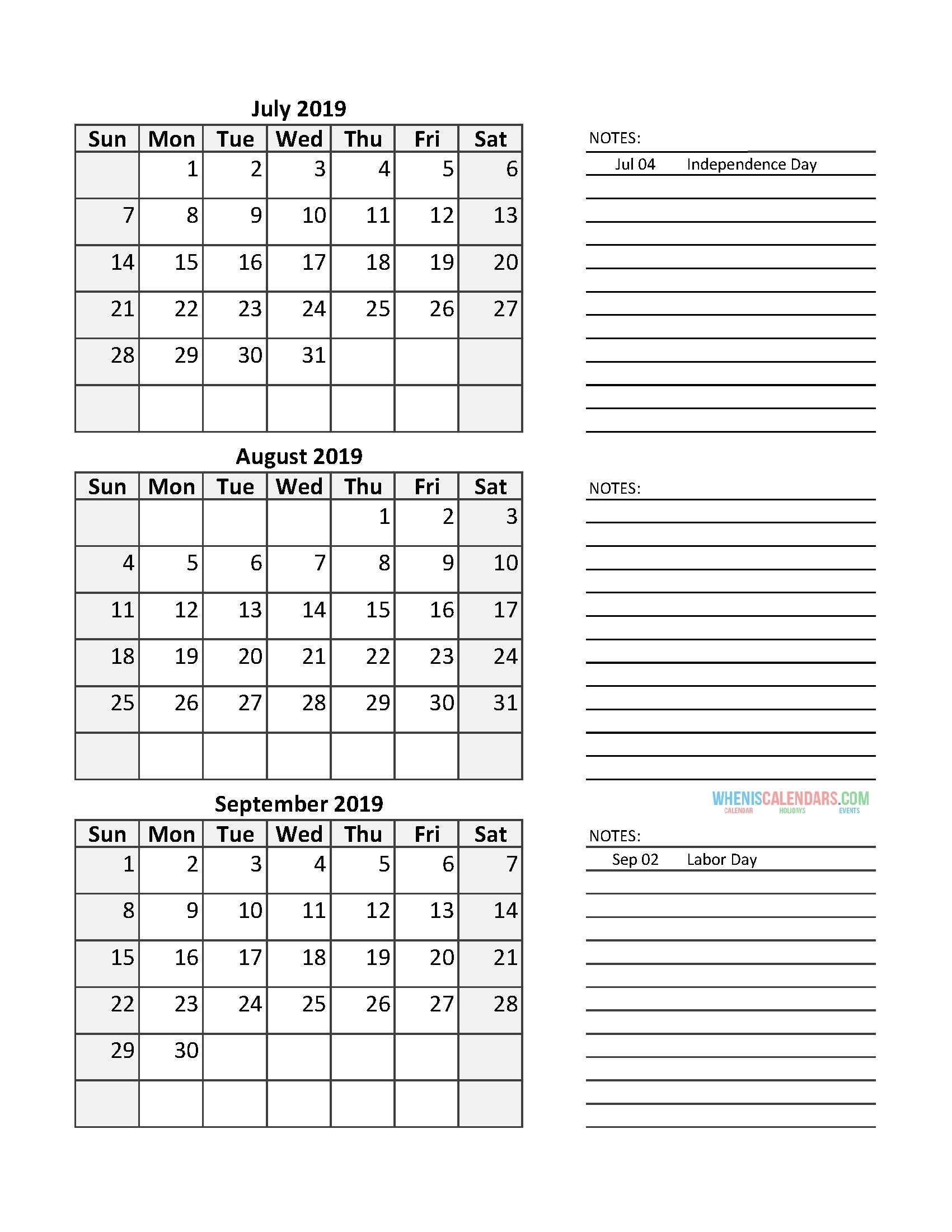 Quarterly Calendar 2019 With Holidays: July August September 2019 Free Check More At Https