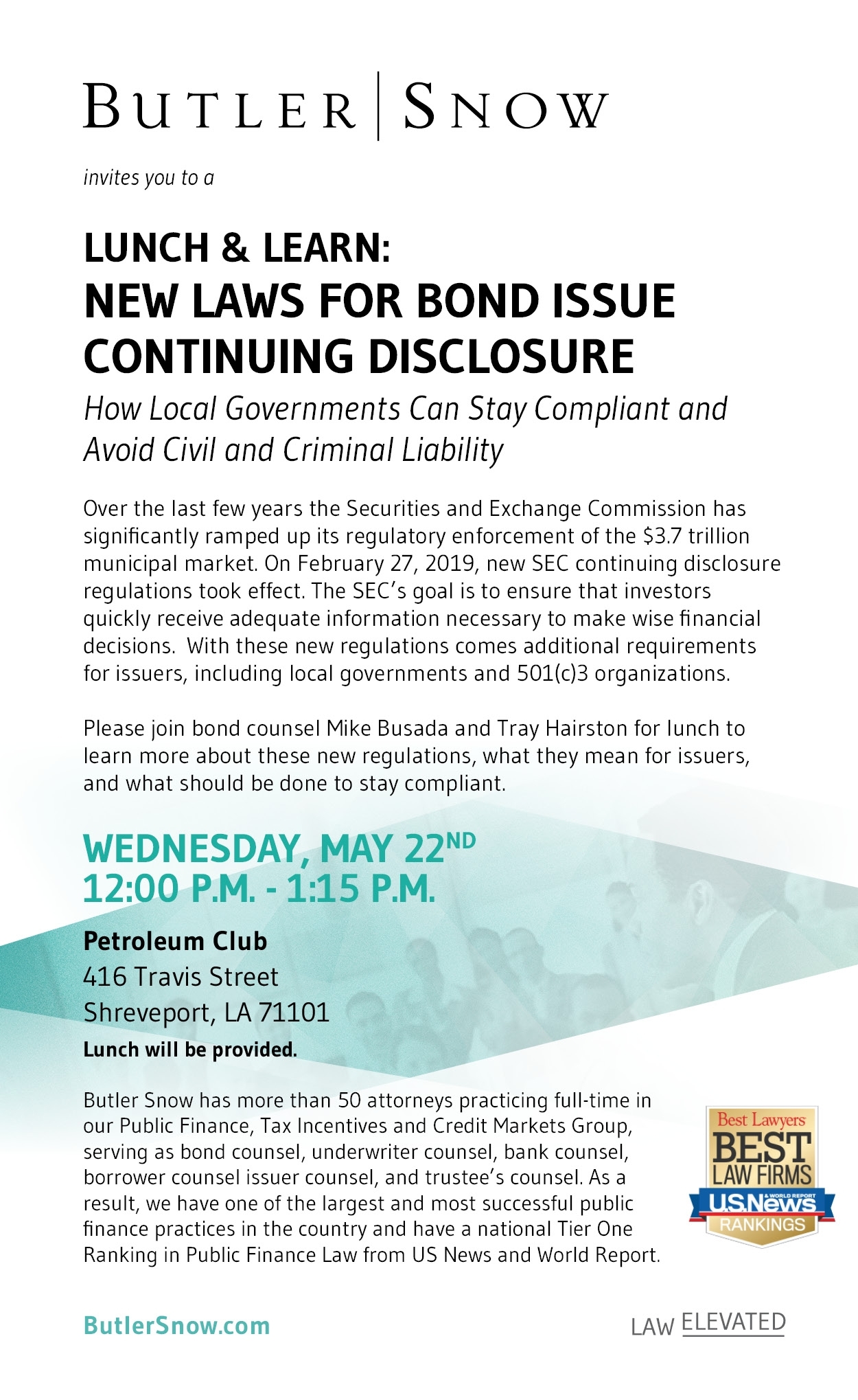 Shreveport Lunch &amp; Learn: New Rules For Bond Issue Continuing Disclosure - Butler Snow