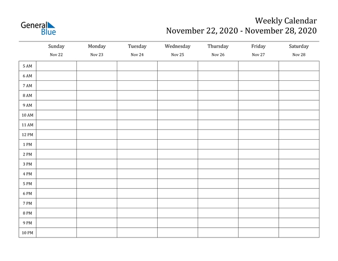 Weekly Calendar - November 22, 2020 To November 28, 2020 - (Pdf, Word, Excel)