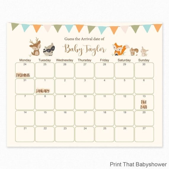 Woodland Baby Shower - Guess The Due Date - Baby Shower Games, Baby Shower Birthday Prediction