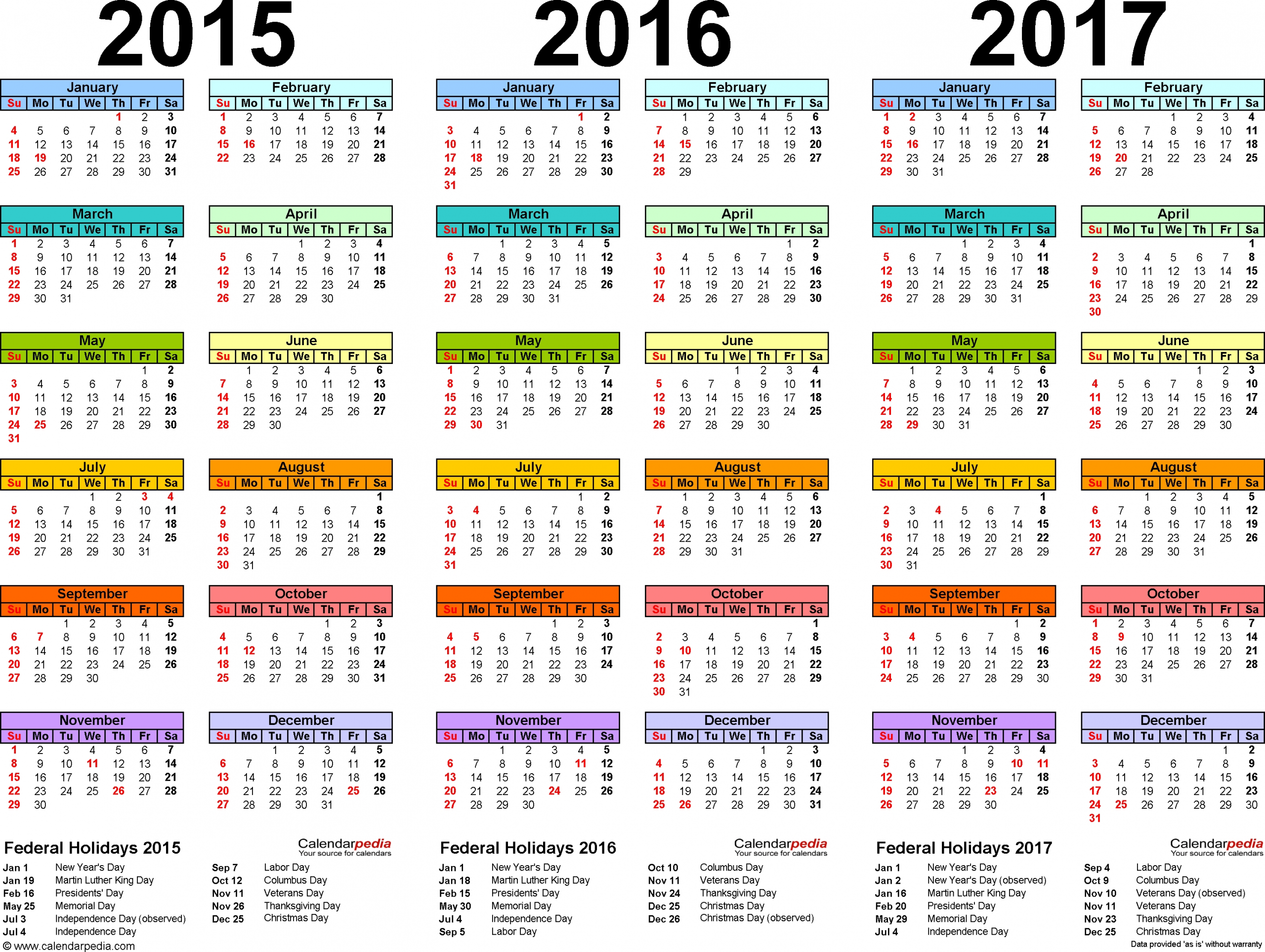 2015/2016/2017 Calendar - 4 Three-Year Printable Pdf