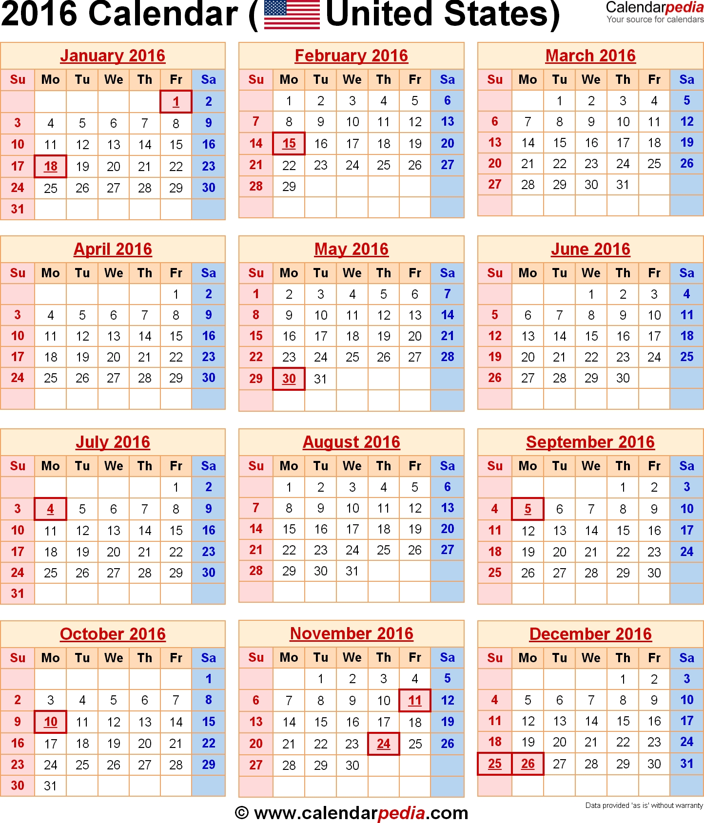 2016 Calendar With Federal Holidays &amp; Excel/Pdf/Word