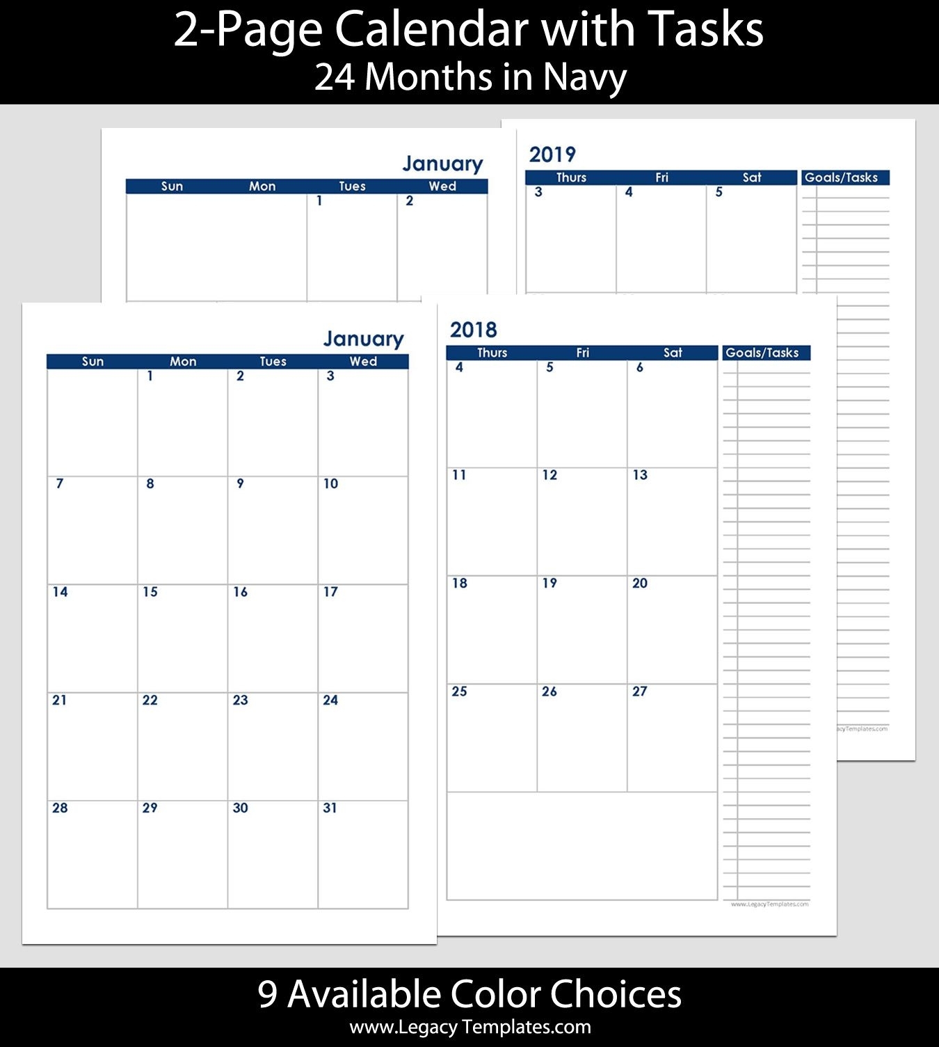 2018 &amp; 2019 24-Months 2-Page Calendar Printable 2-Page