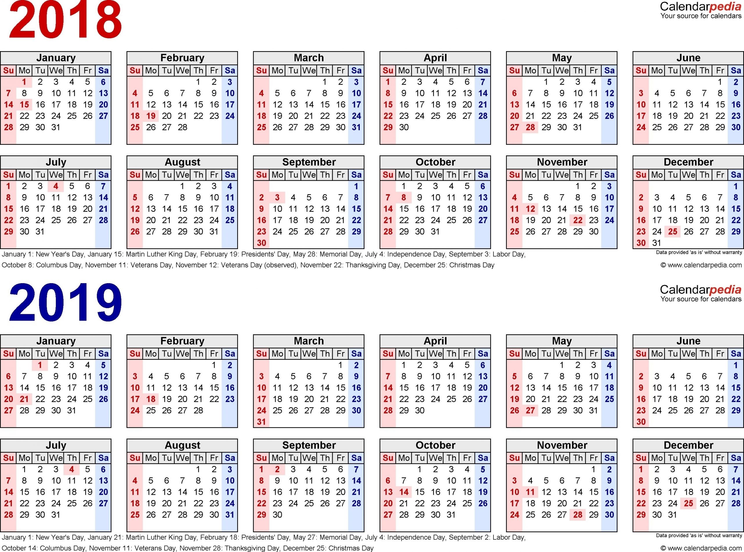 2018-2019 Calendar - Free Printable Two-Year Pdf Calendars