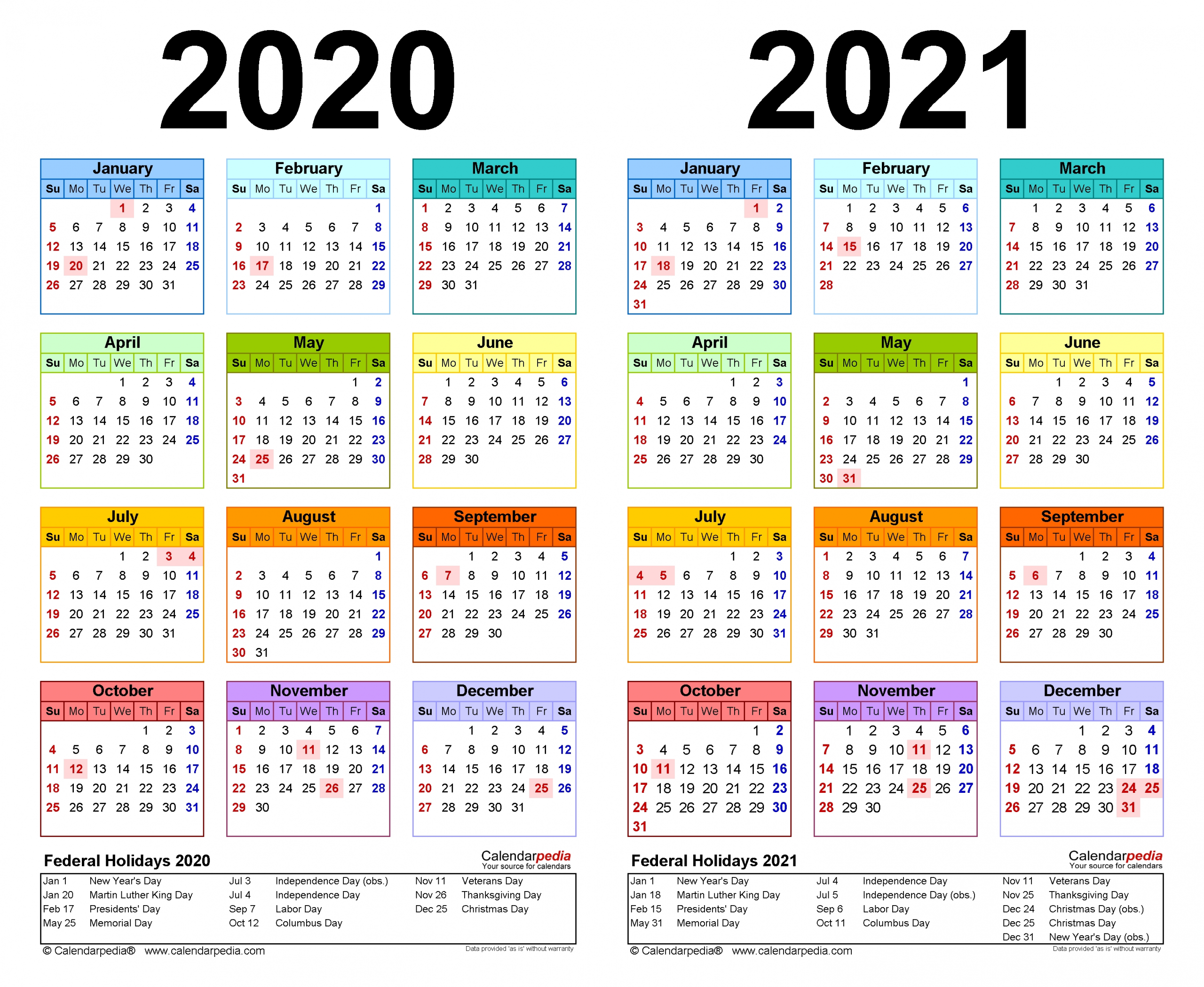 2020-2021 Two Year Calendar - Free Printable Word Templates