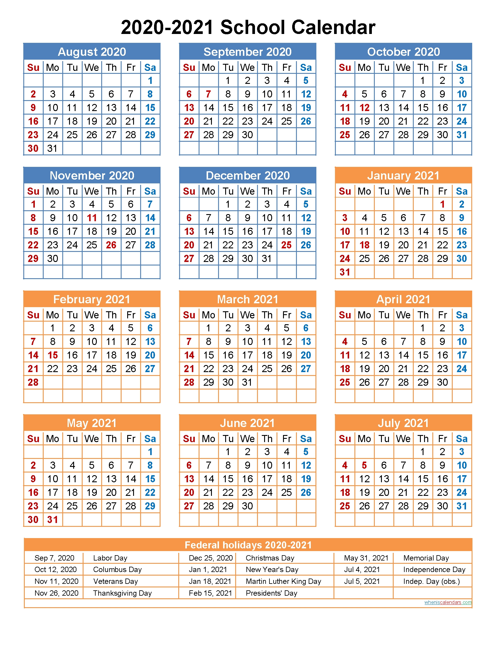 2020 And 2021 School Calendar Printable (Portrait)- Template