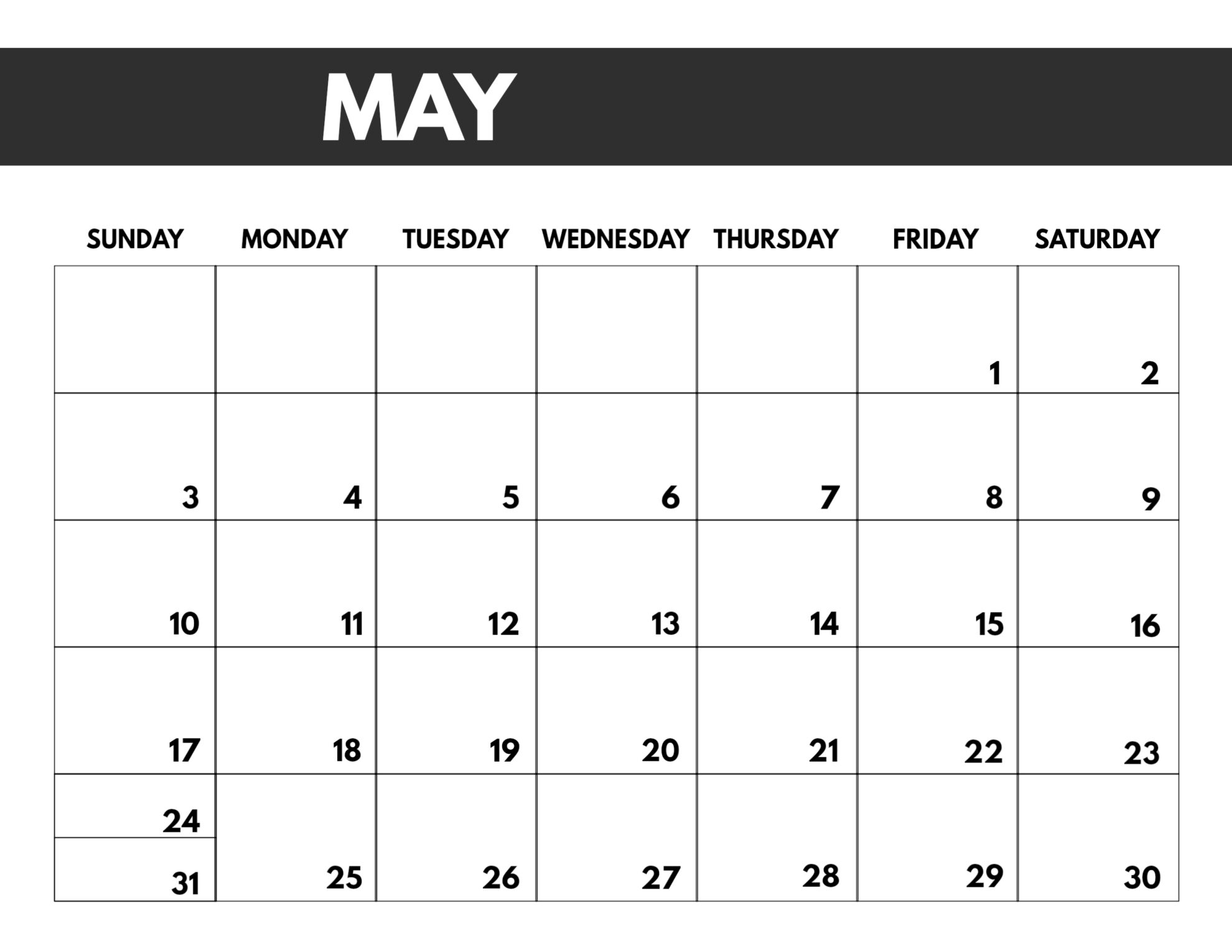 Printable Big Block Monthly Calendar Calendar Template 2023