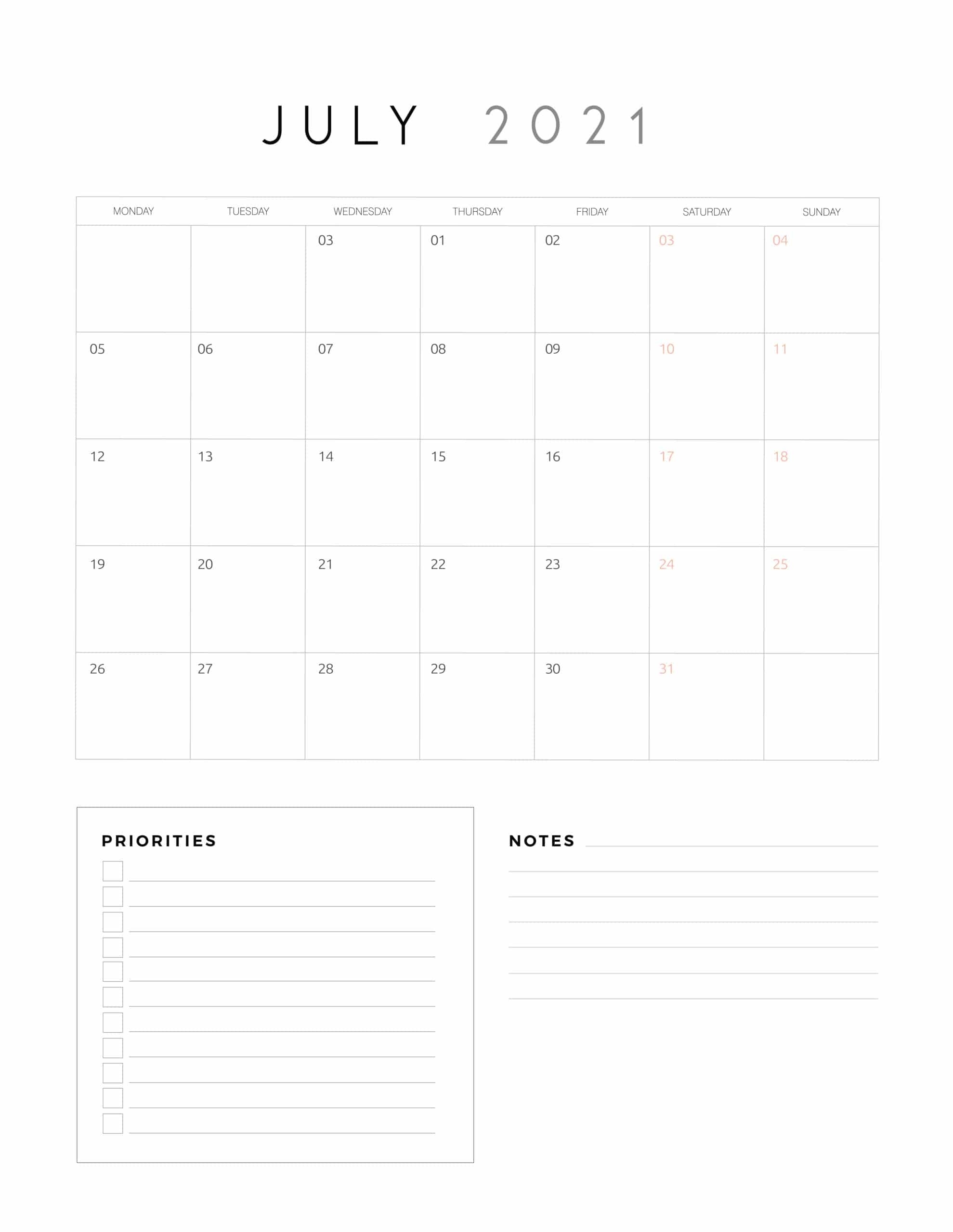 2021 Calendar With Priorities And Notes - World Of Printables