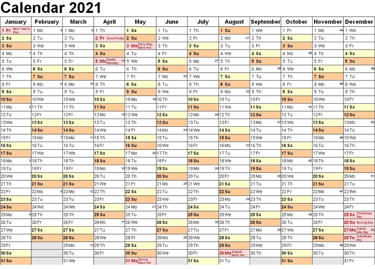 2021 Calendar With Week Numbers Free 365 Days | Free