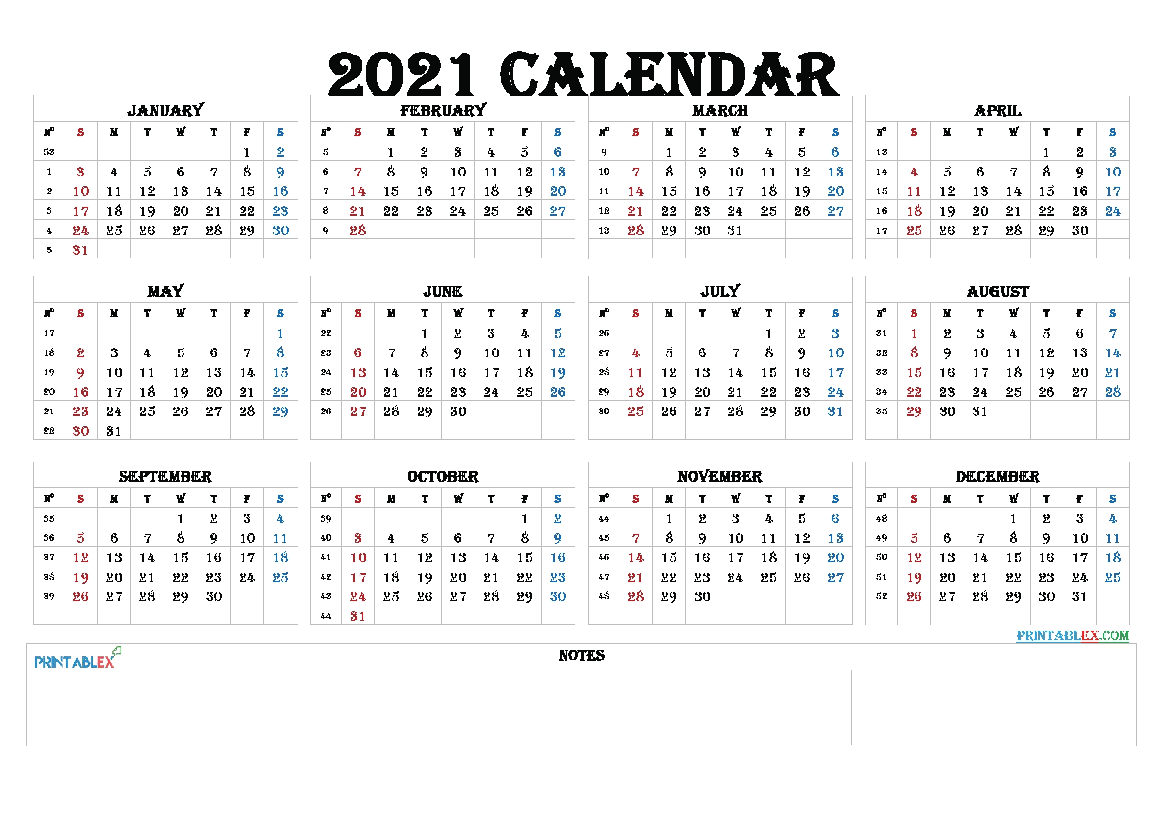 2021 Calendar With Weeks Printable