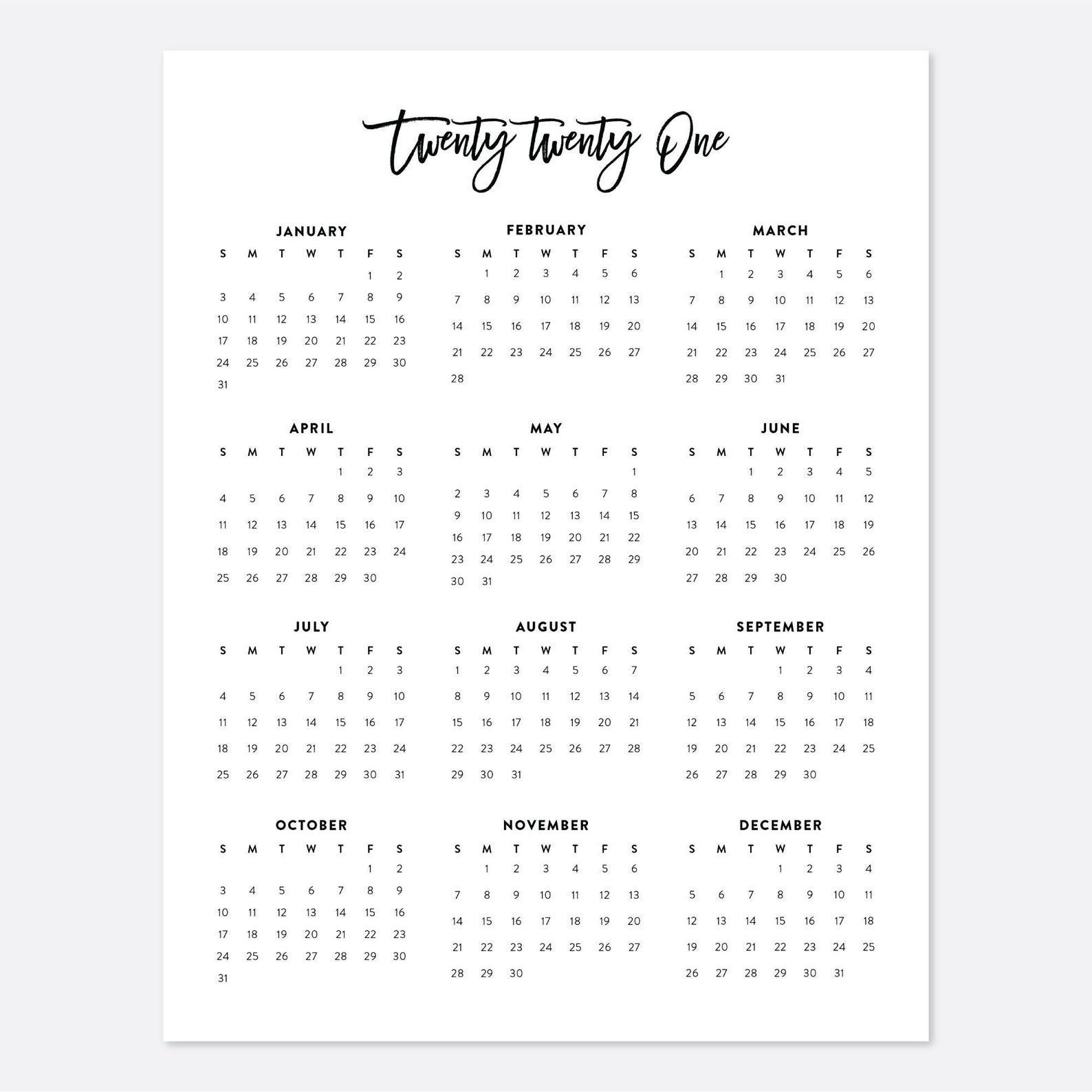 2021 Desk Calendar, Printable Calendar, 2021 Calendar, Year