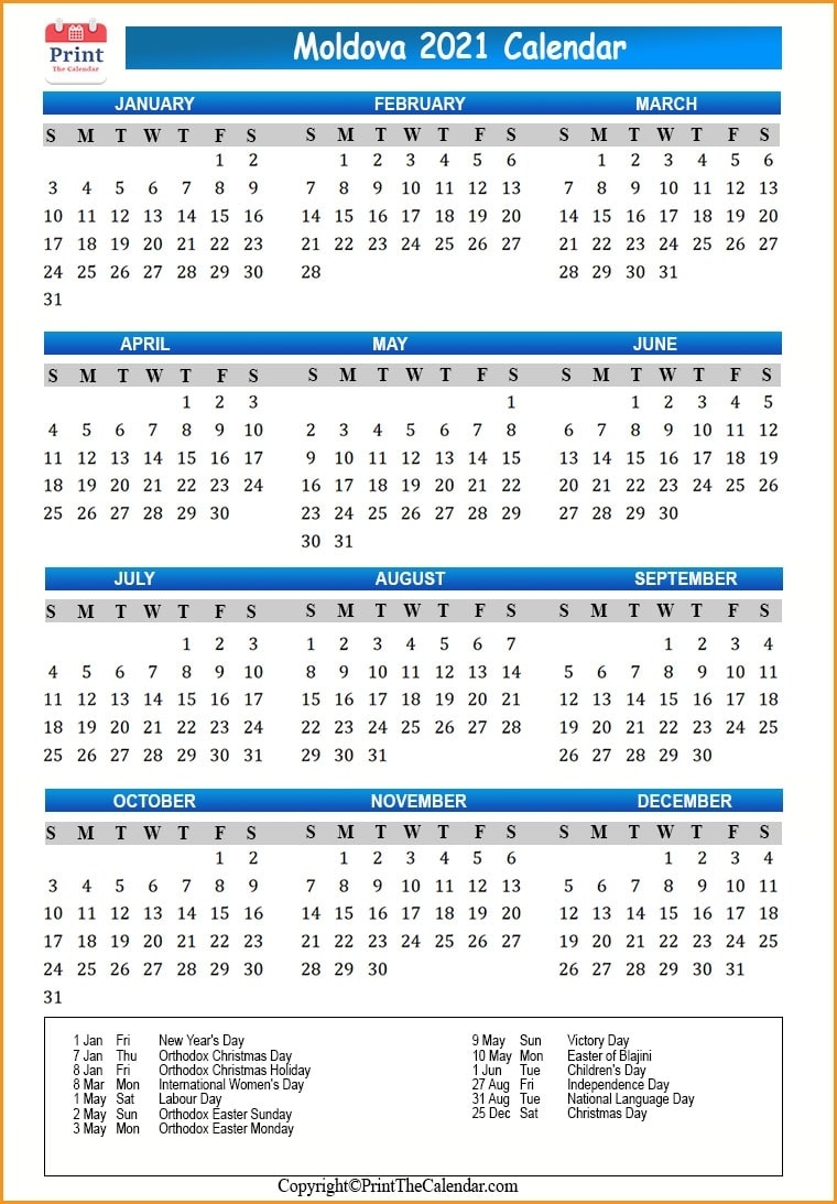 2021 Holiday Calendar Moldova | Moldova 2021 Holidays