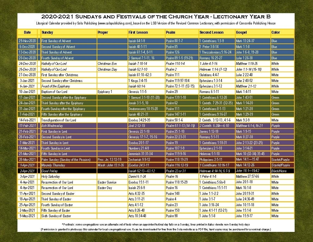 2021 Liturgical Calendar (Year B) K-2021 | Sola Publishing