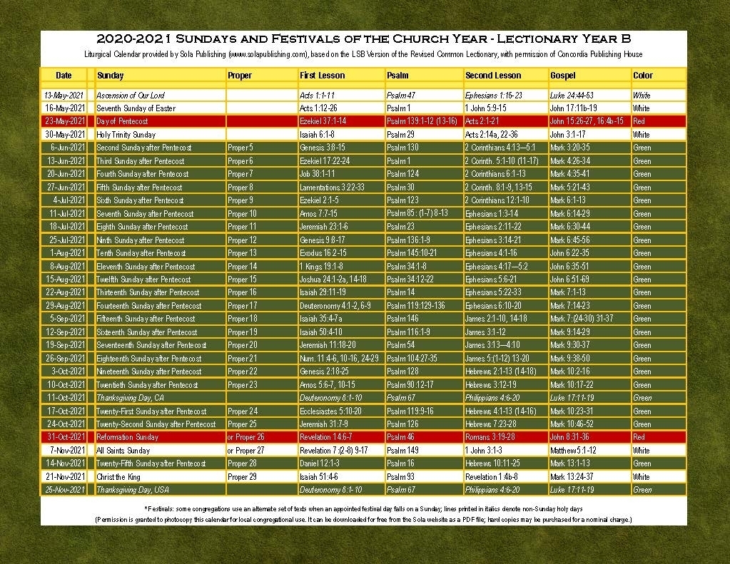 2021 Liturgical Calendar (Year B) K-2021 | Sola Publishing