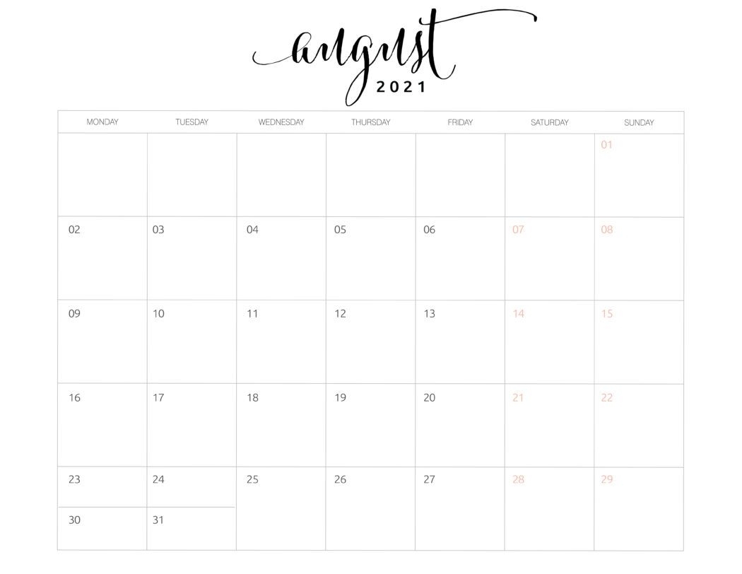 2021 Monthly Calendar Monday Start - World Of Printables In