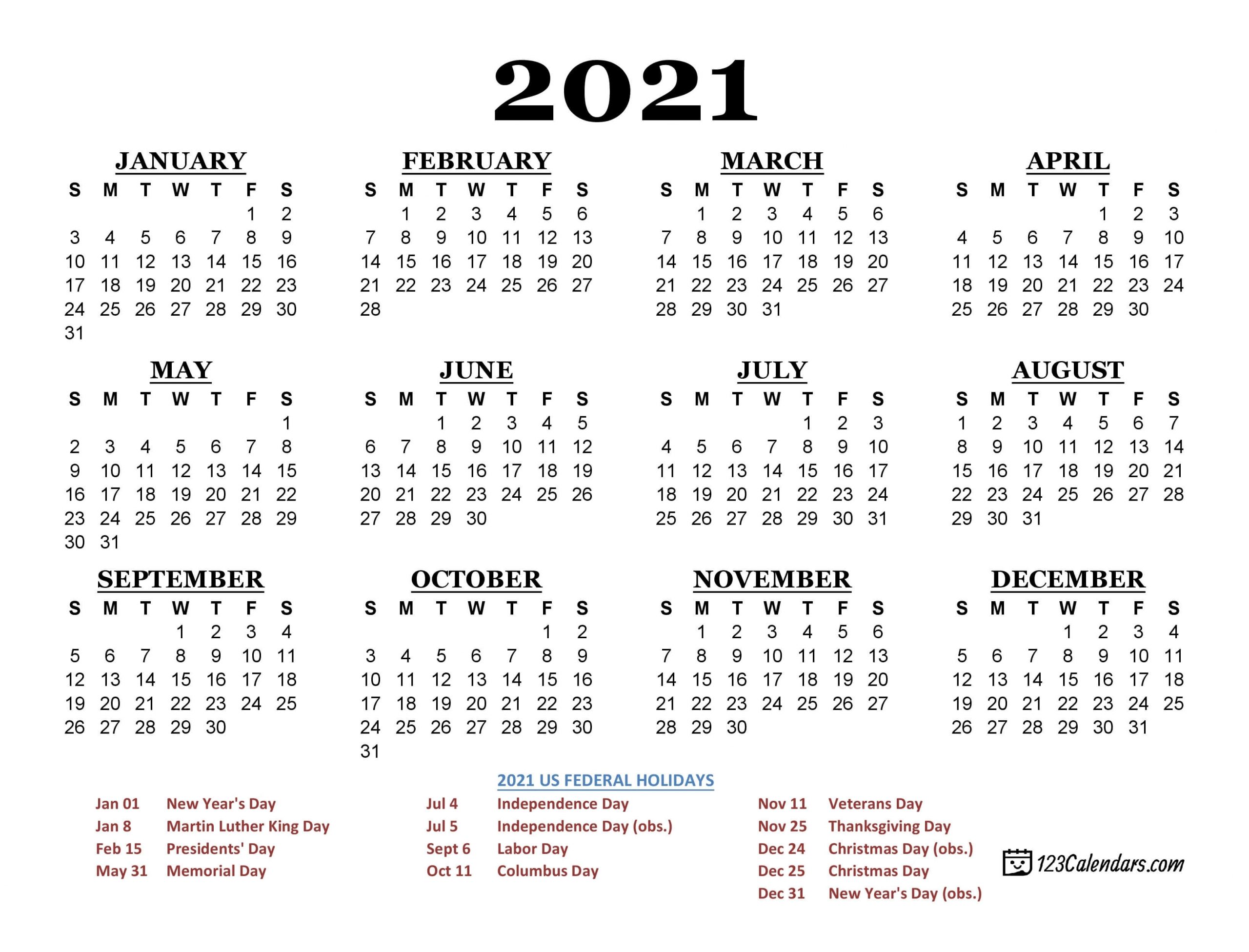 2021 Printable Calendar | 123Calendars