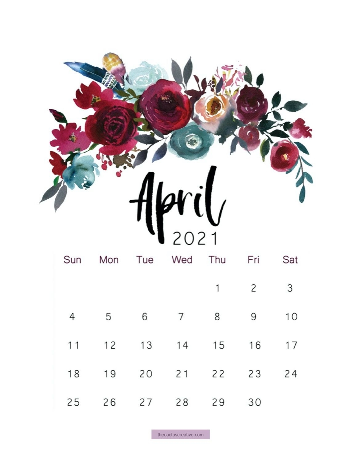 2021 Printable Calendar Floral Watercolor Calendar Letter