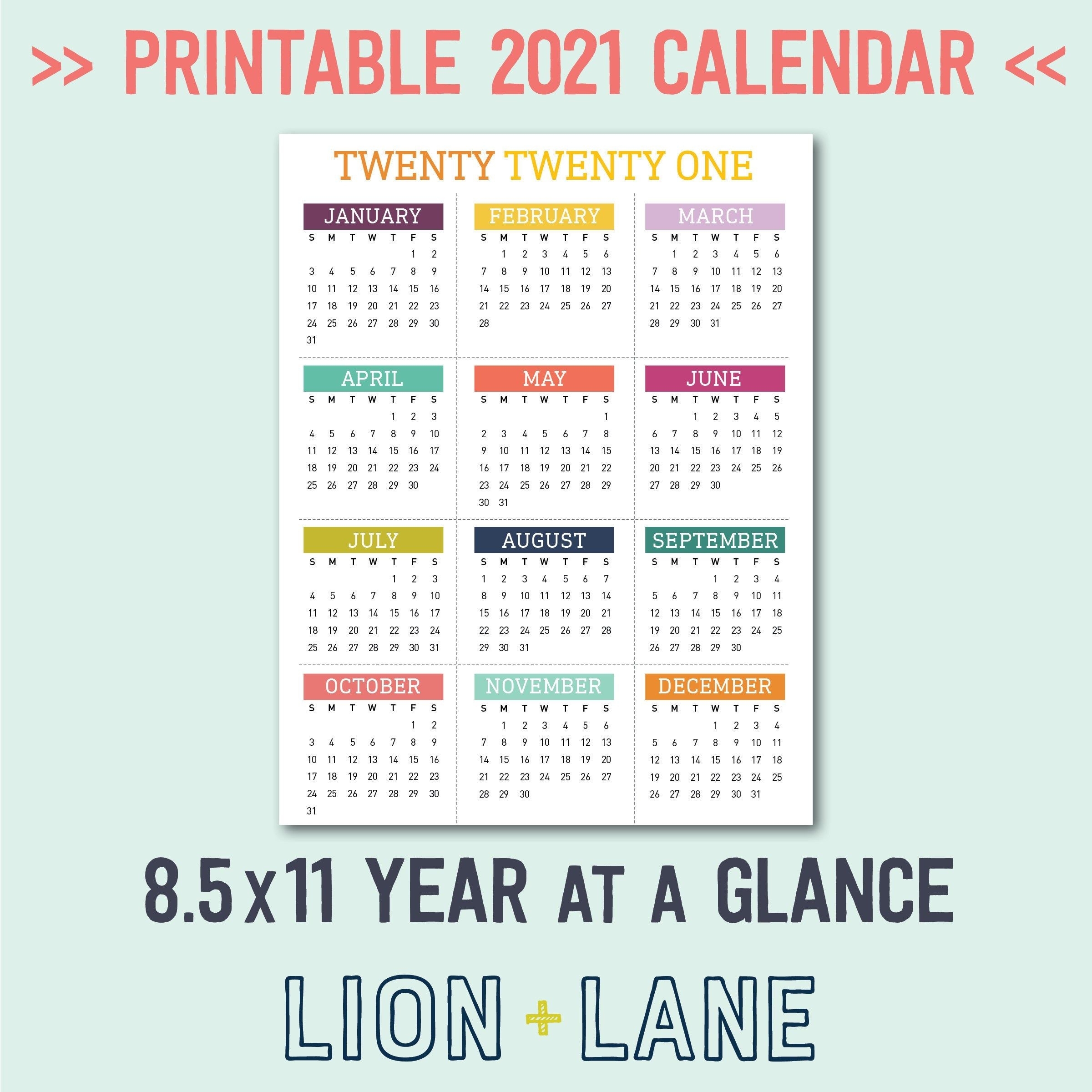 2021 Printable Calendar Year At A Glance 85X11 Letter
