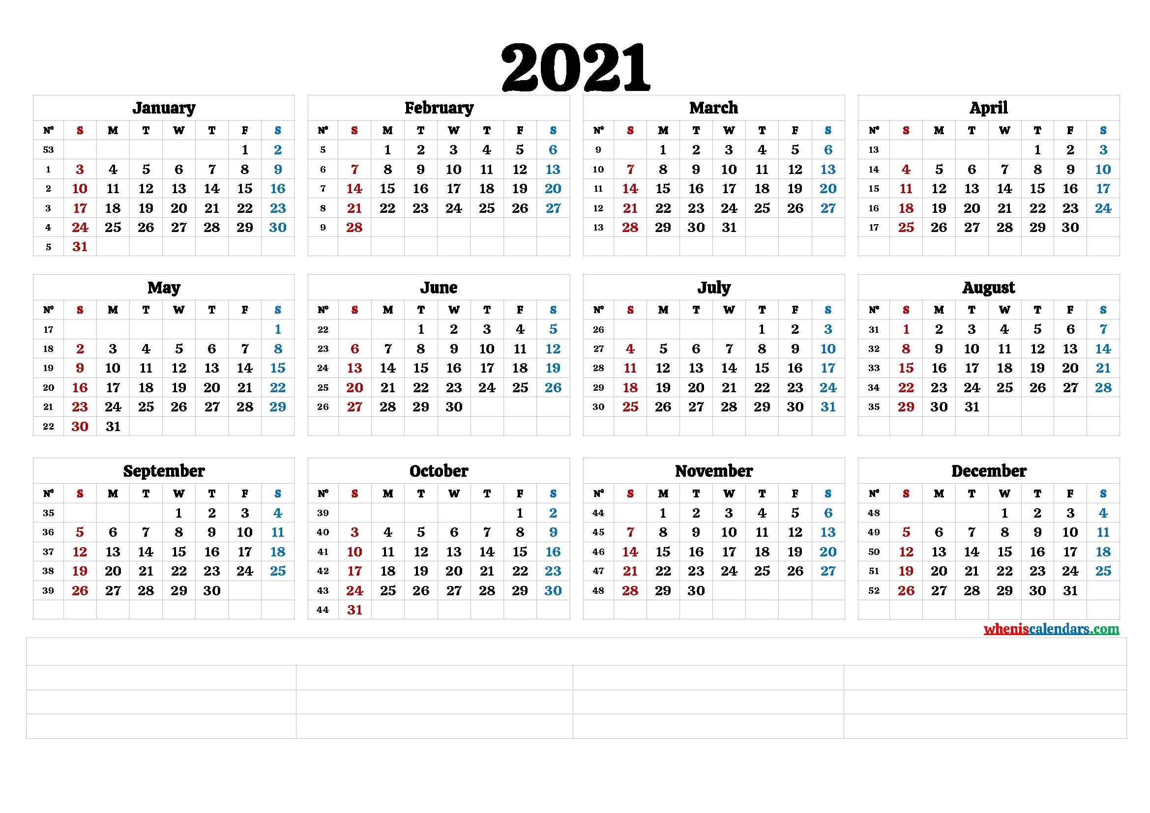 2021 Printable Yearly Calendar With Week Numbers (6 Templates)
