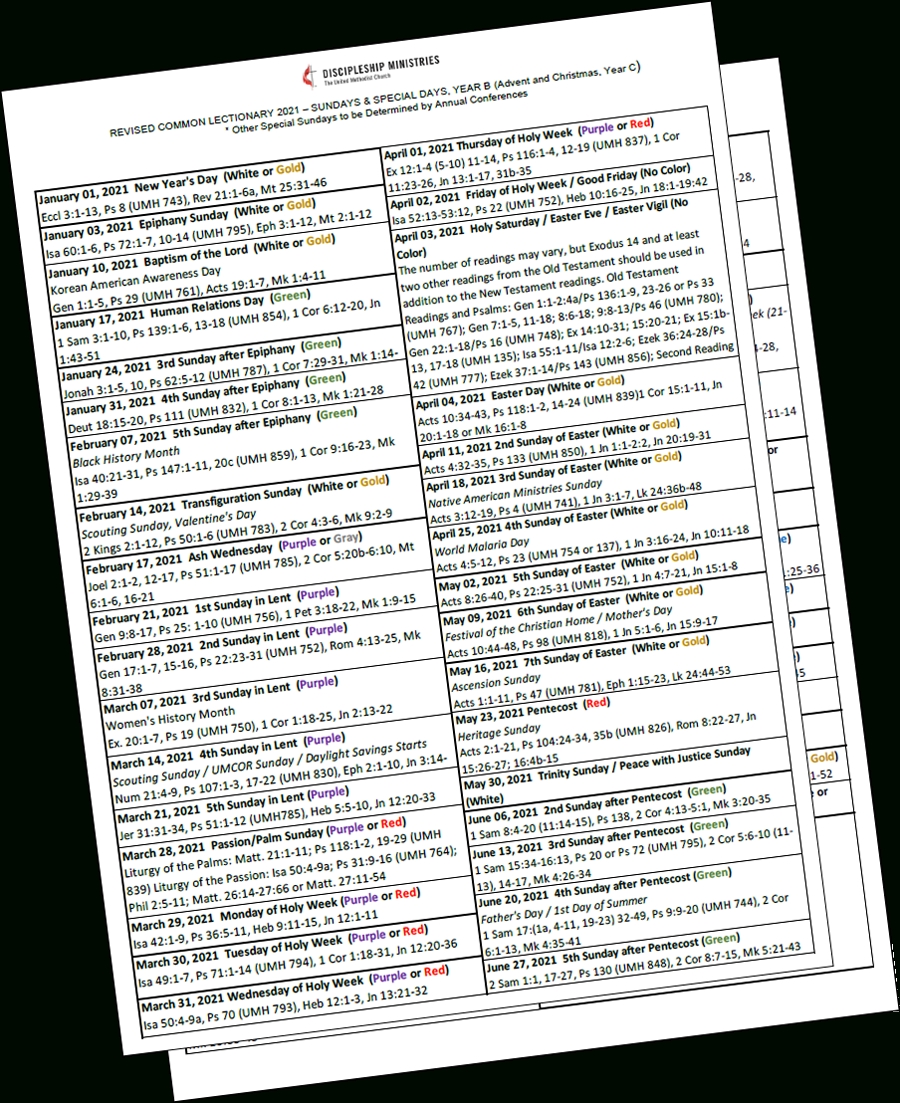 2021 Revised Common Lectionary Sundays &amp; Special Days