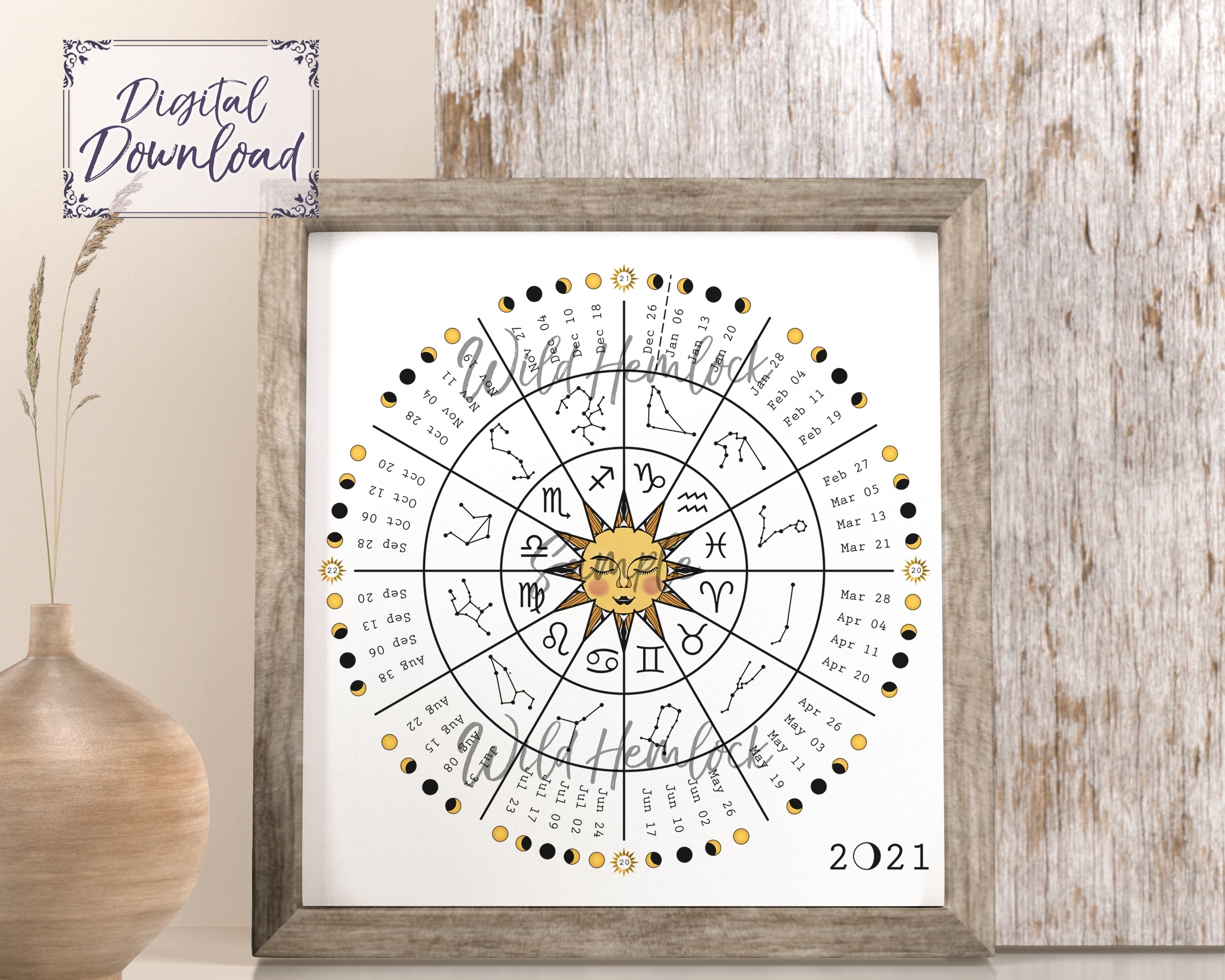 2021 Zodiac Wheel Moon Calendar Astrology Lunar Calendar