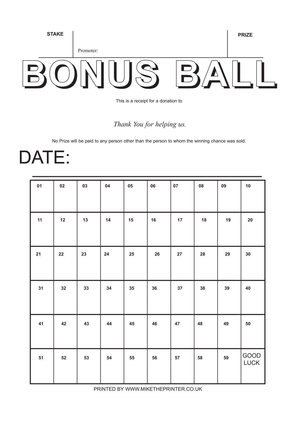 5 Bonus Ball Cards - Lotto - A4 Printed On Card - 59 Spaces