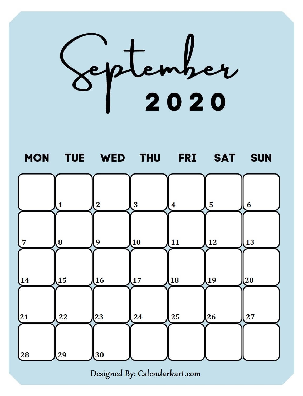 6 Cute &amp; Free Printable September 2020 Calendar: Stylish