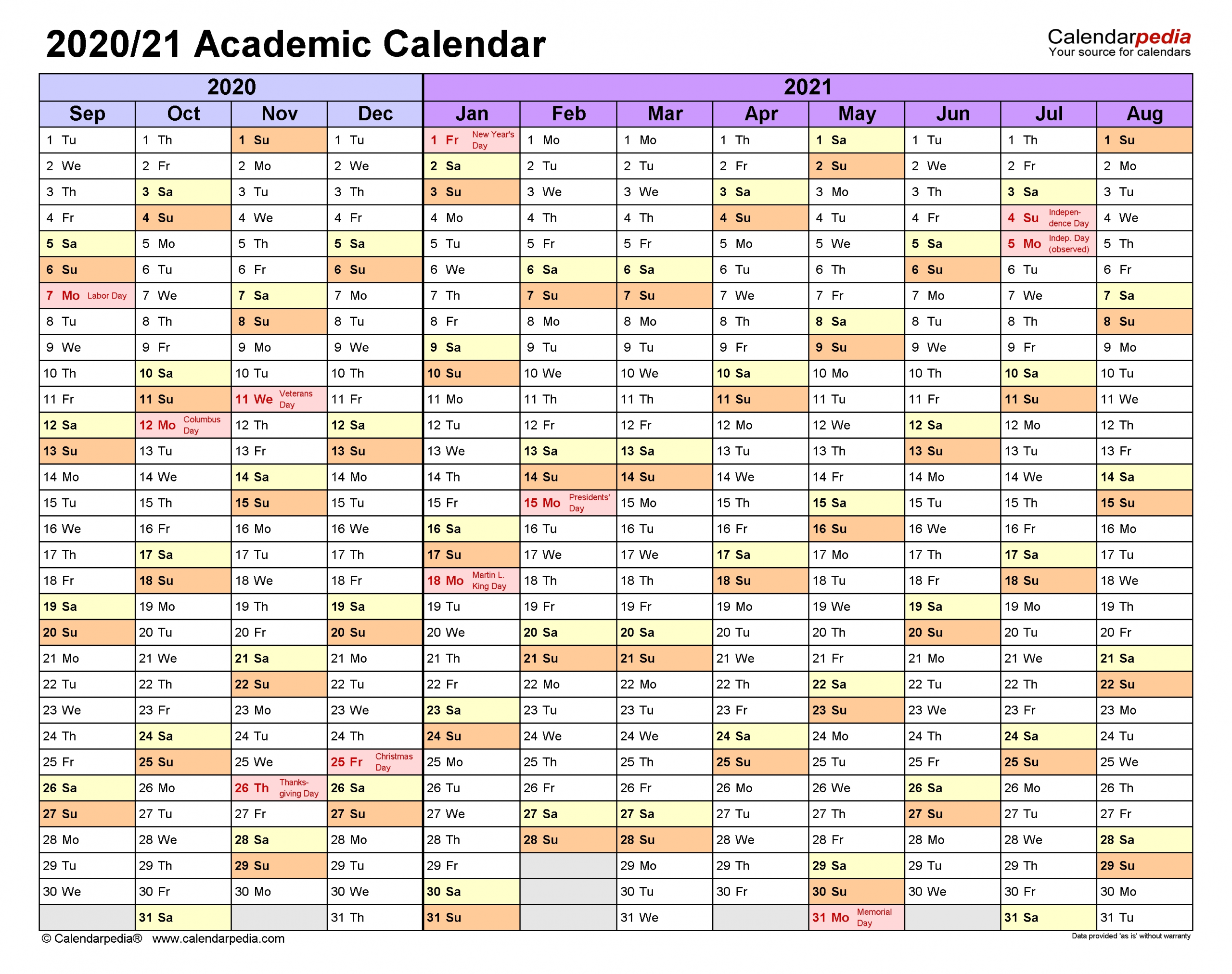 Academic Calendars 2020/2021 - Free Printable Excel Templates