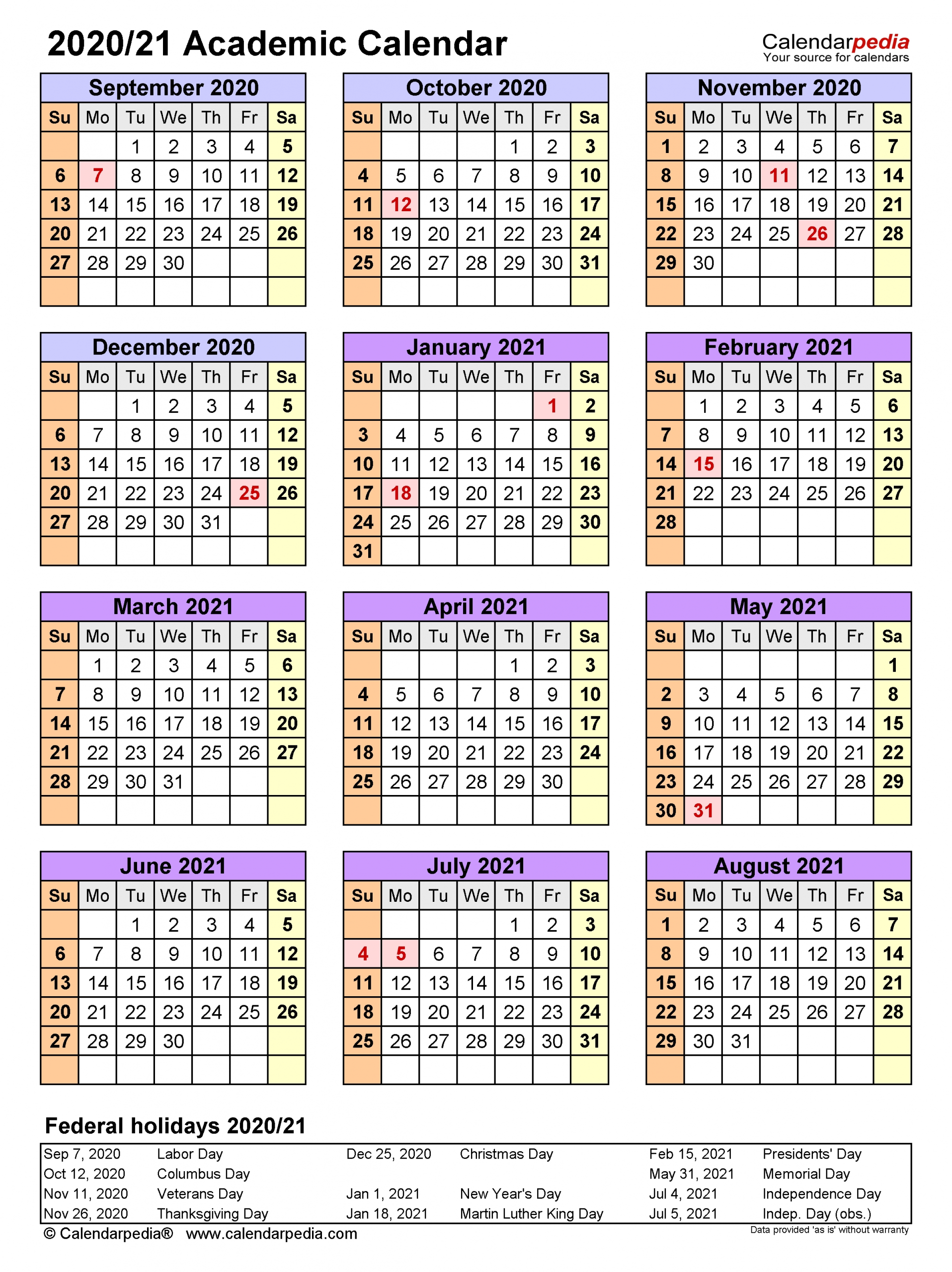 Academic Calendars 2020/2021 - Free Printable Word Templates