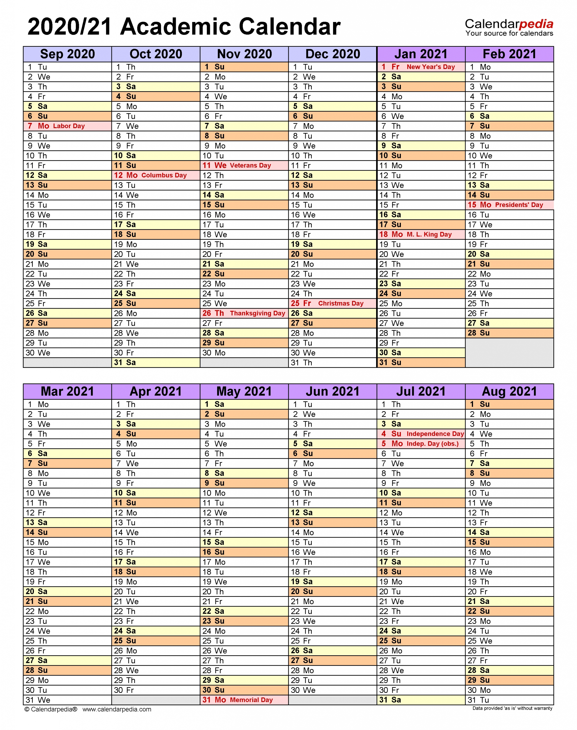 Academic Calendars 2020/2021 - Free Printable Word Templates