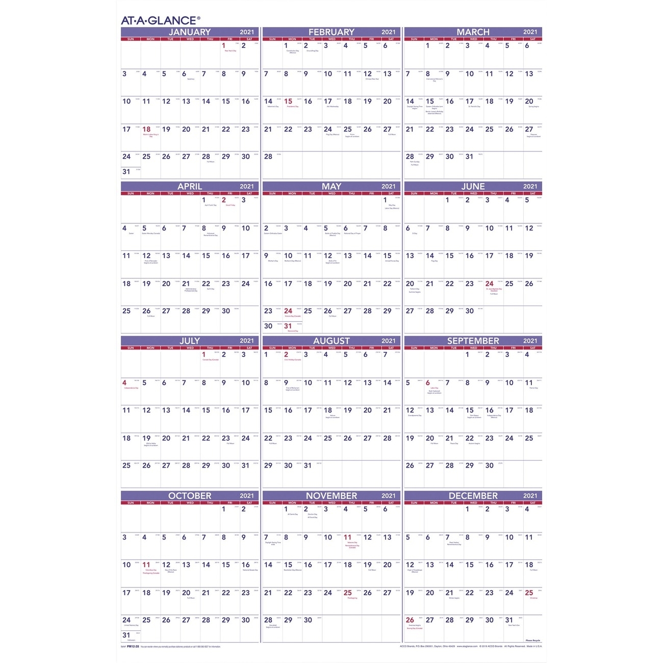 At-A-Glance Yearly Wall Calendar - Julian Dates - Yearly - 1 Year - January  2021 Till December 2021 - 1 Year Single Page Layout - 24&quot; X 36&quot; Sheet Size