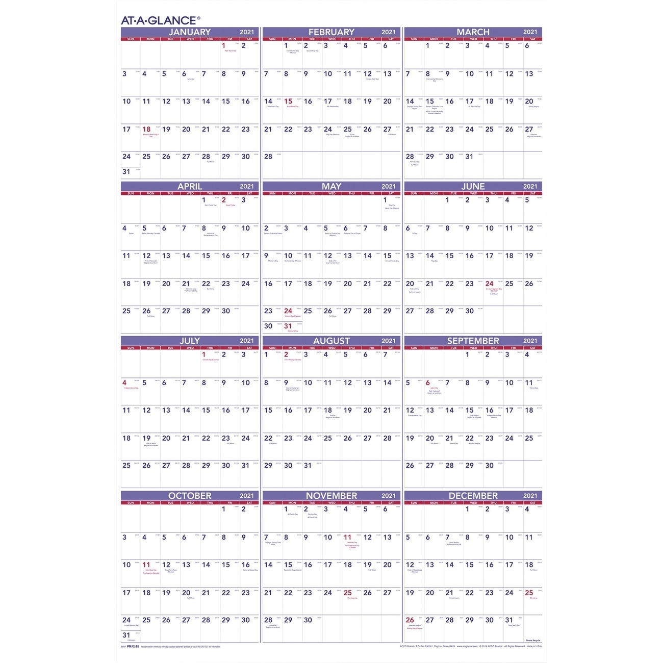 At-A-Glance Yearly Wall Calendar - Julian Dates - Yearly - 1 Year - January  2021 Till December 2021 - 1 Year Single Page Layout - 24&quot; X 36&quot; Sheet Size