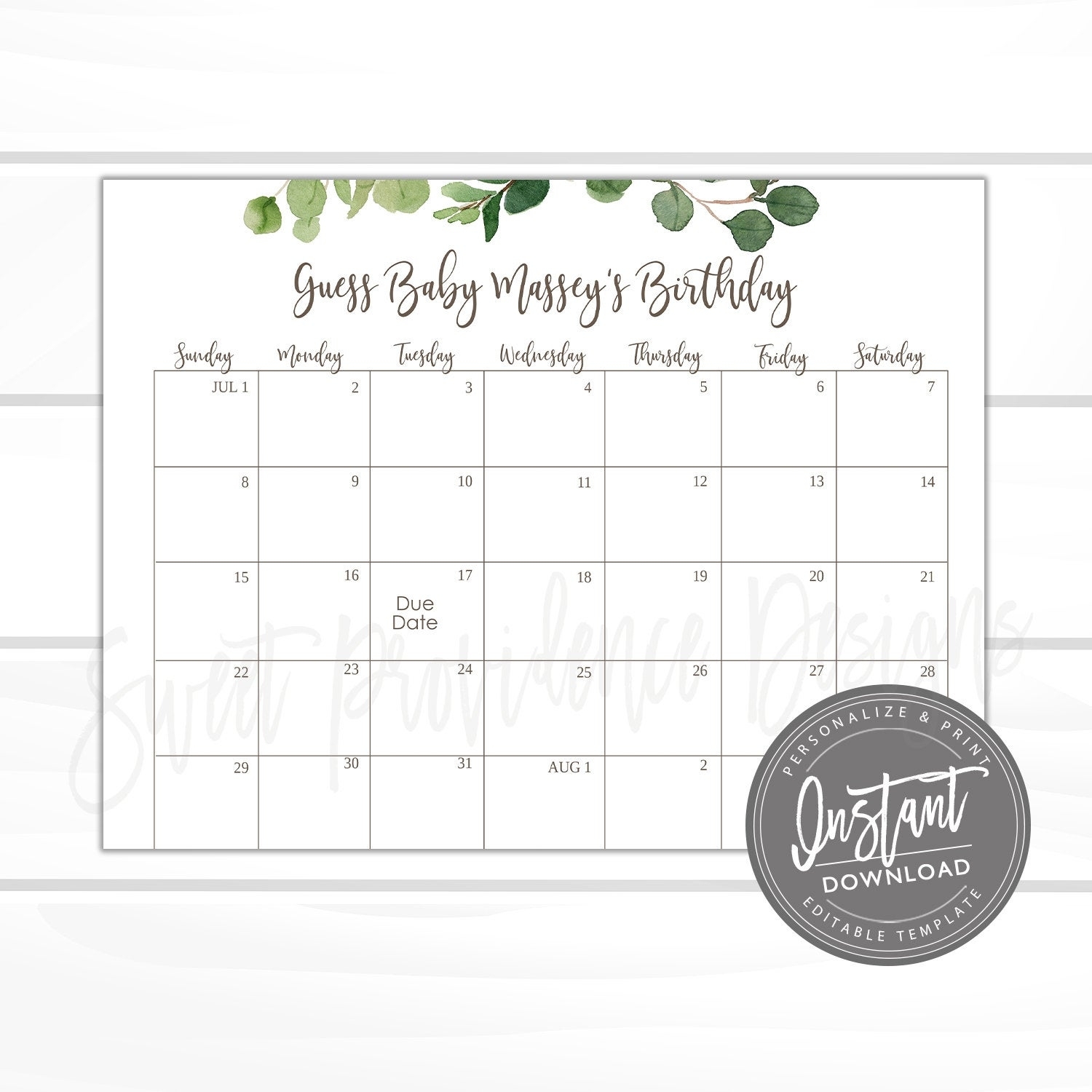 Baby Shower Due Date Calendar Game