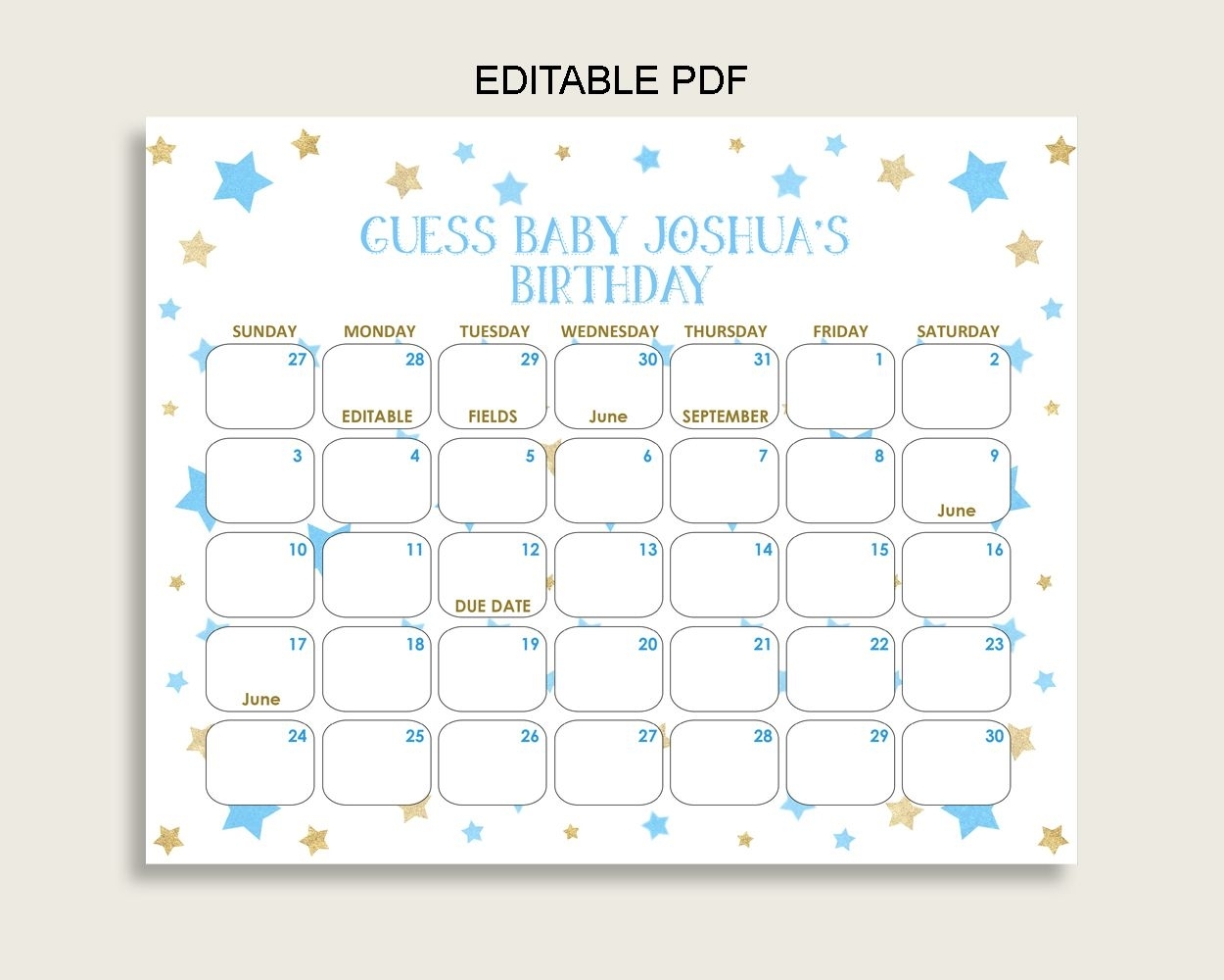 Blue Gold Guess Baby Due Date Calendar Game Printable, Stars