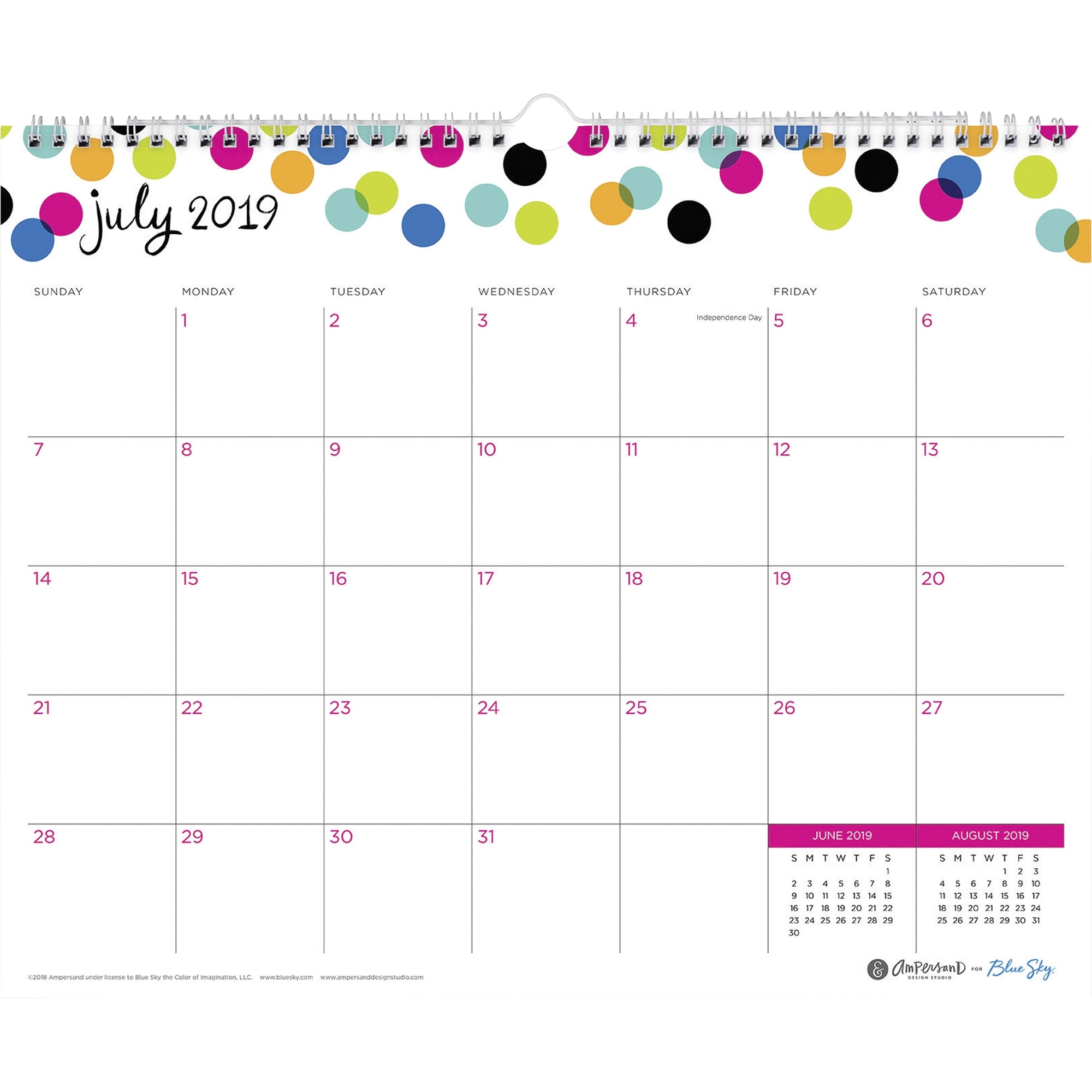 Blue Sky Ampersand Dots Wall Calendar - Julian Dates - Monthly - 1 Year -  July 2020 Till June 2021 - 15&quot; X 12&quot; Sheet Size - Twin Wire - Multi - 15&quot;