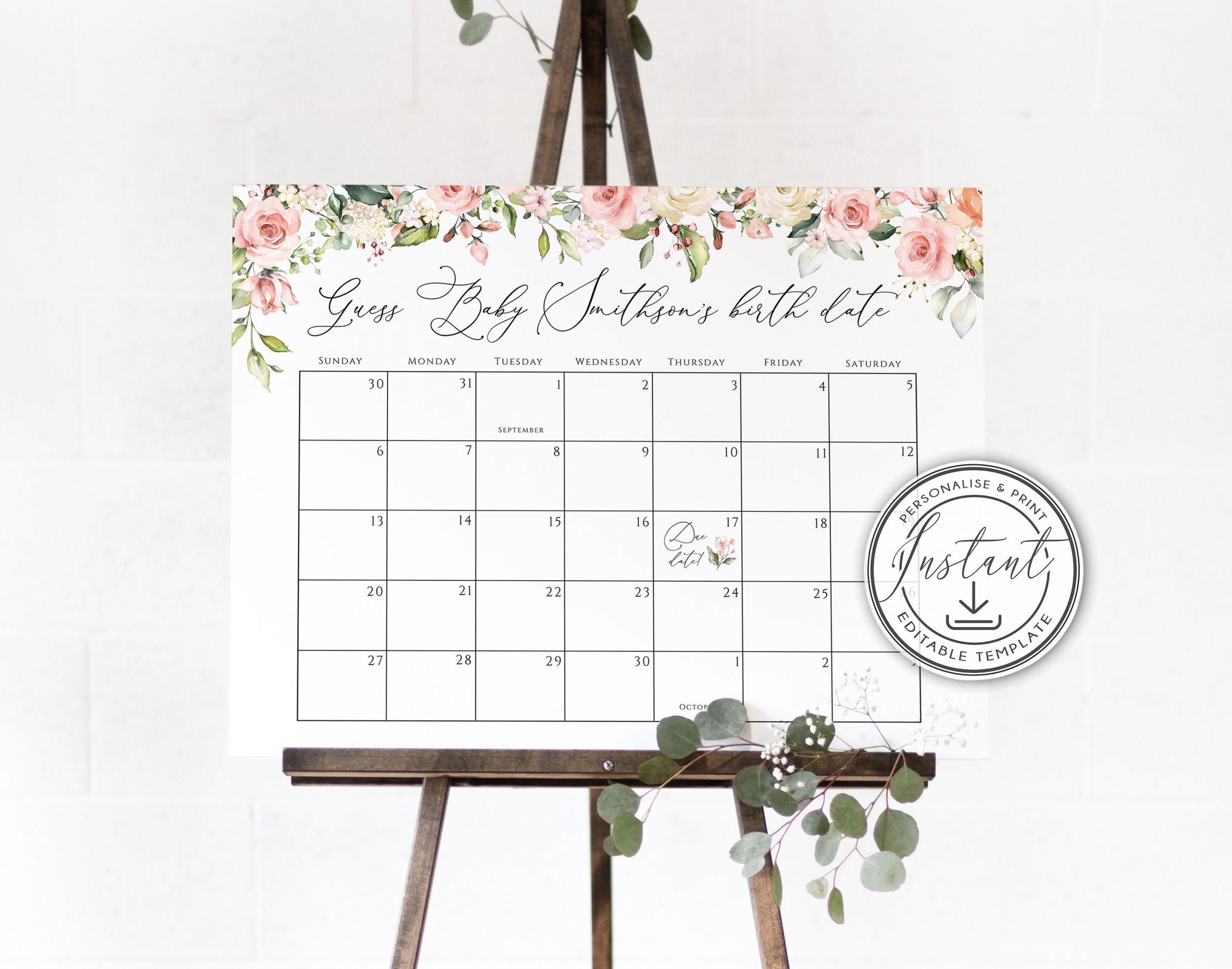 Blush Pink Guess Baby Due Date Calender Game Sign Editable