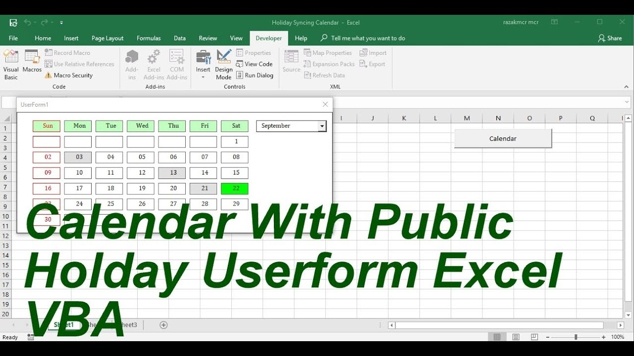 Calendar With Public Holiday Userform Excel Vba