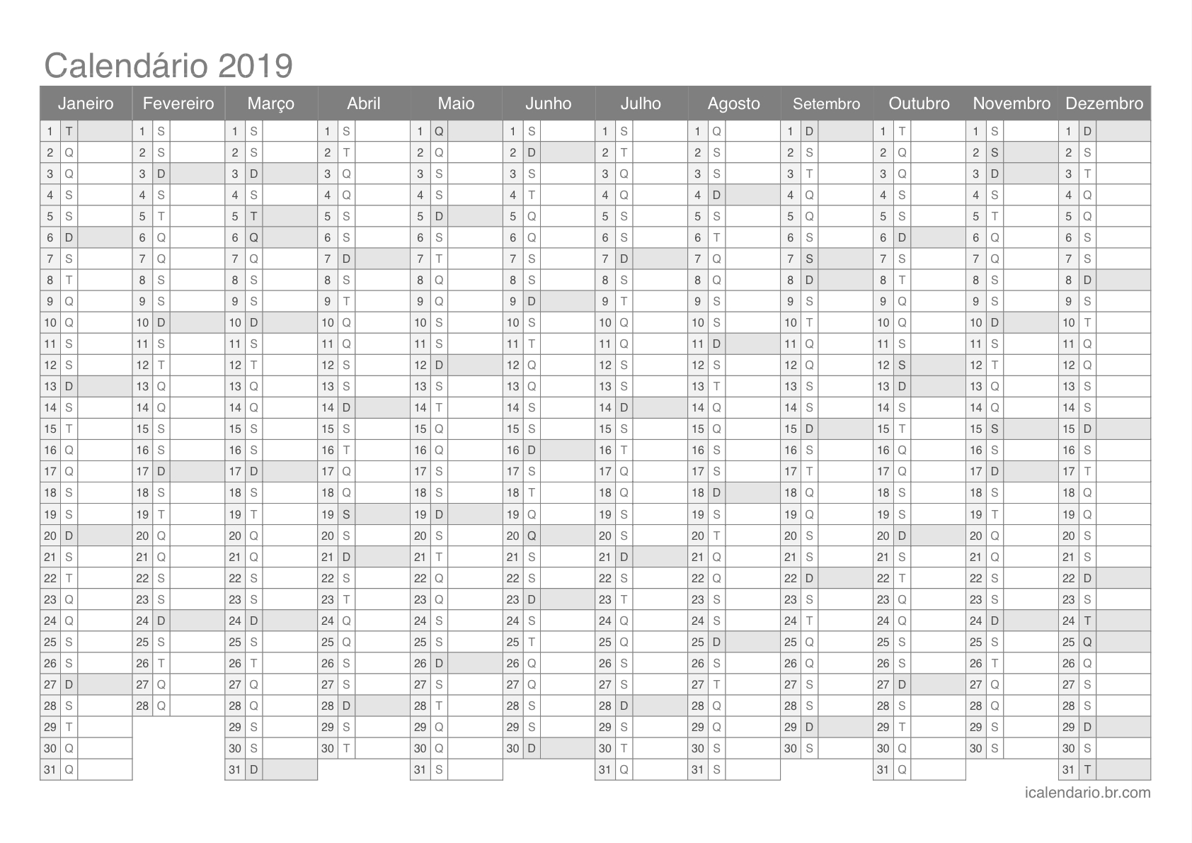 Calendário 2019 Para Imprimir - Icalendáriobr