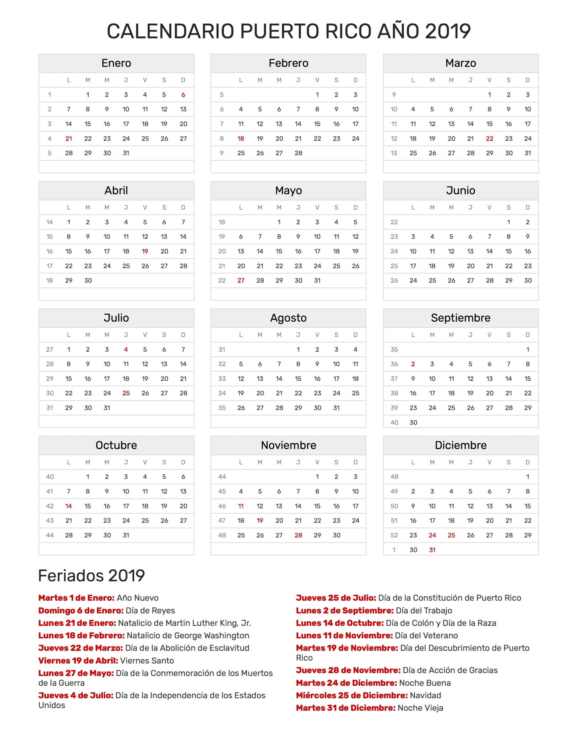 Calendario 2020 De Puerto Rico Para Imprimir - Calendario 2019