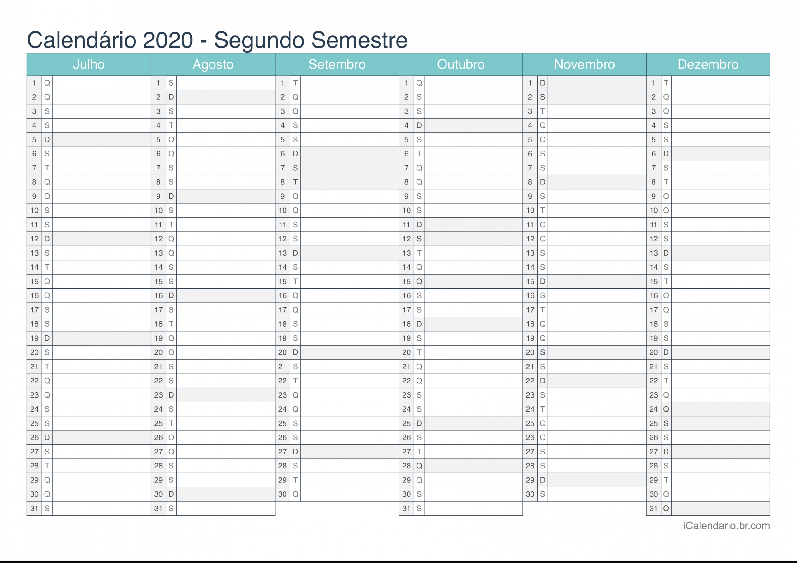 Calendário 2020 Para Imprimir - Icalendáriobr