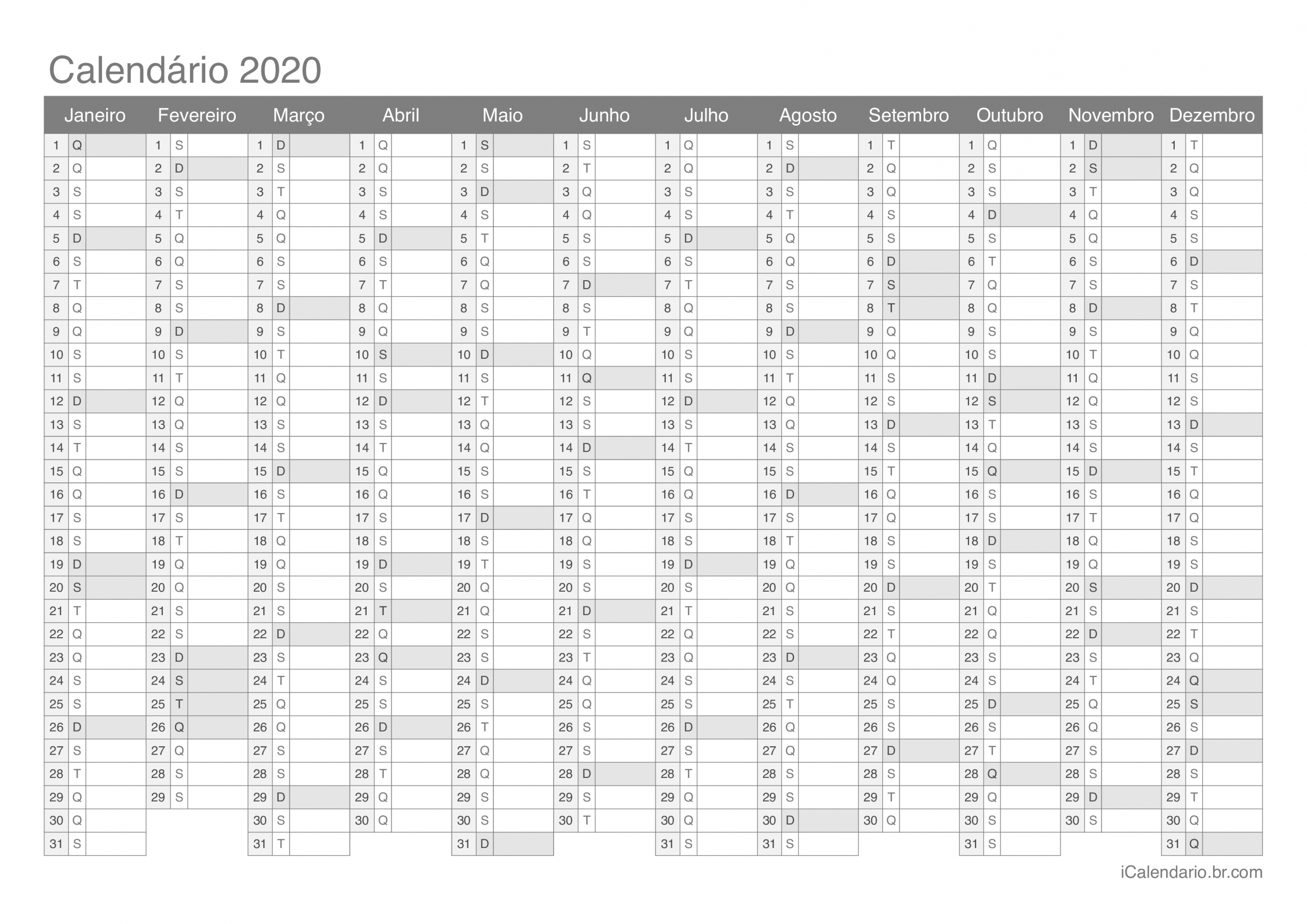 Calendário 2020 Para Imprimir - Icalendáriobr