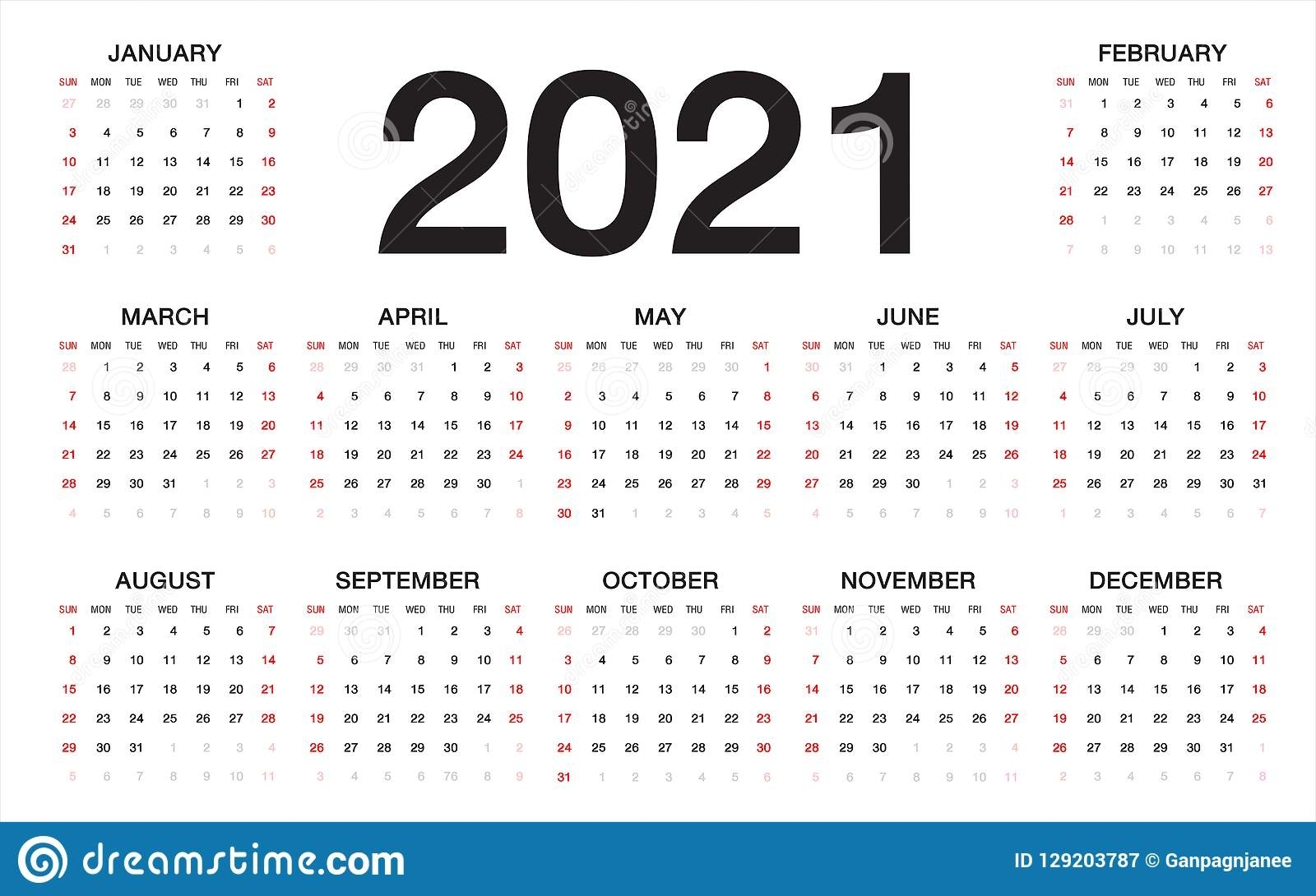 Calendario 2021, Comienzo De La Semana De Domingo, Plantilla