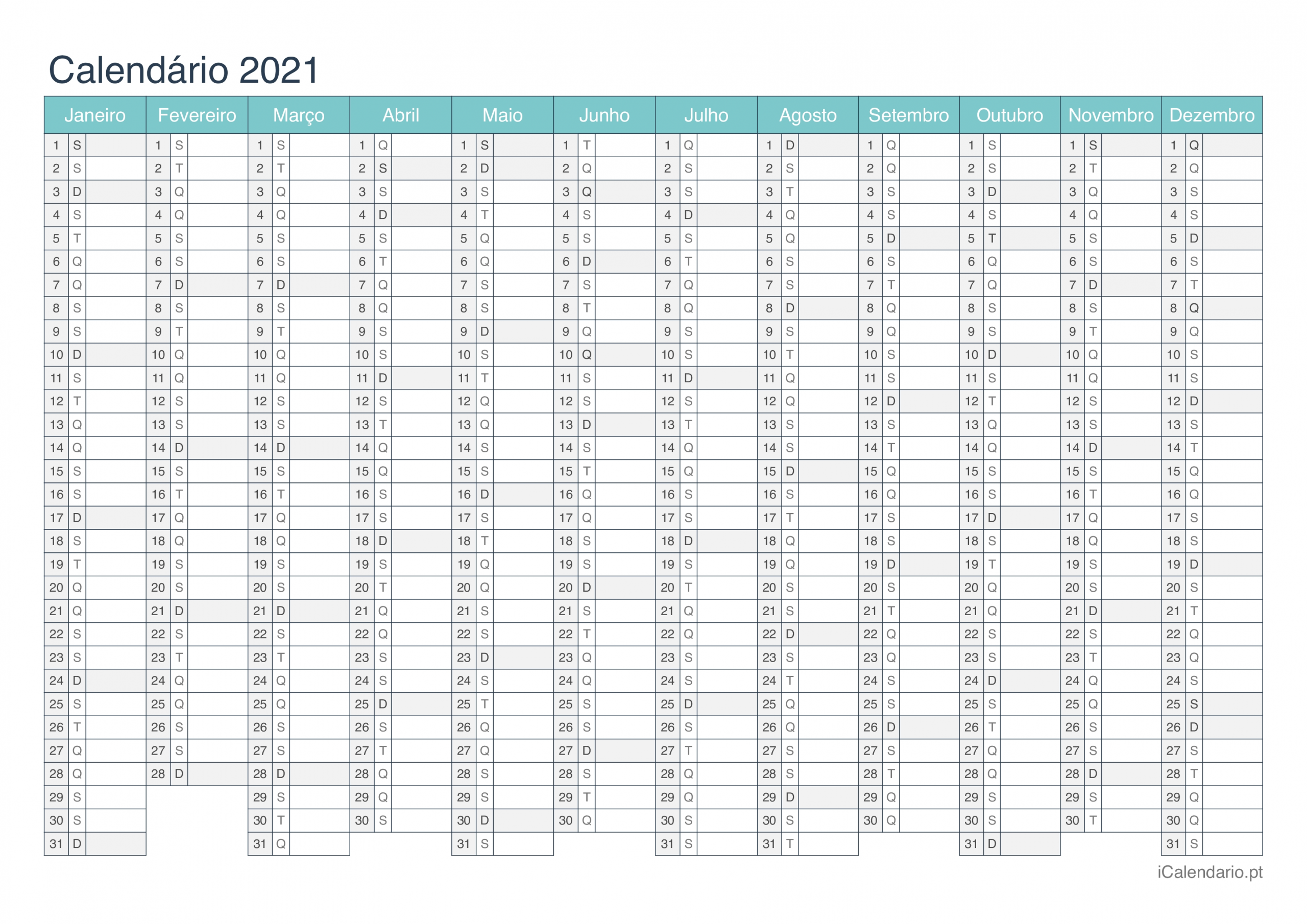 Calendário 2021 Para Imprimir - Icalendáriopt