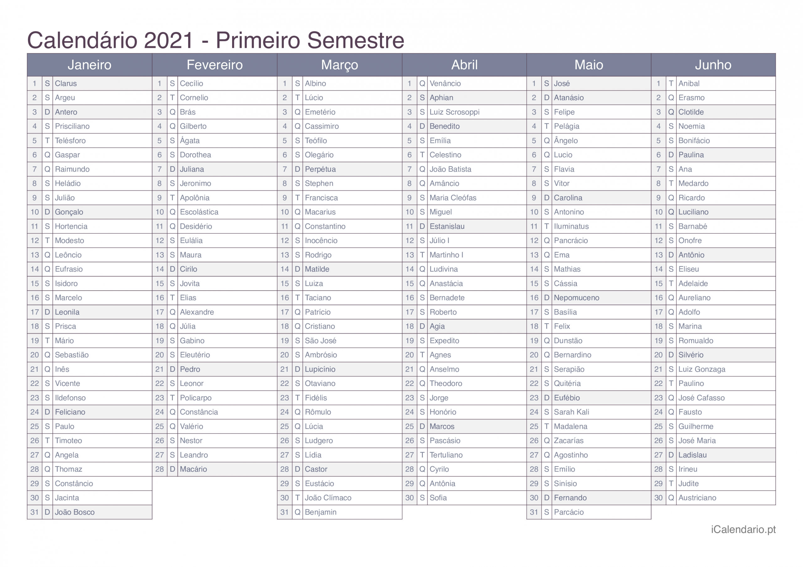 Calendário 2021 Para Imprimir - Icalendáriopt